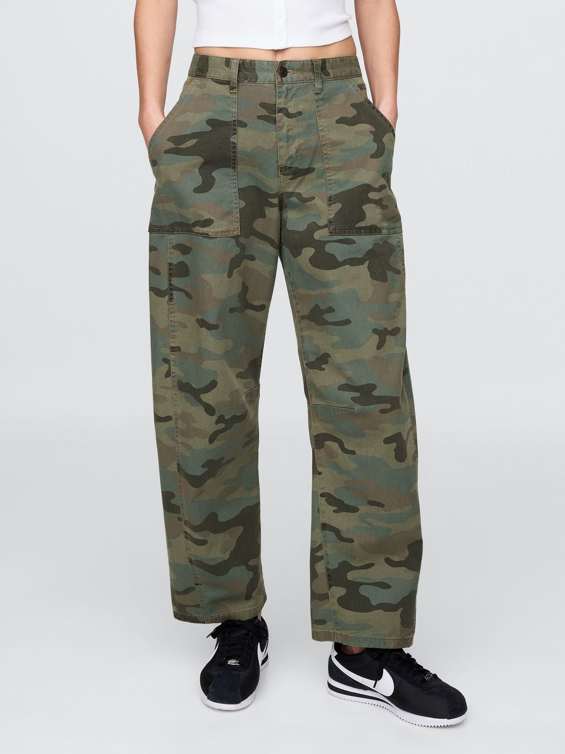 Green Camo Mid Rise Cotton Barrel Trousers (F79497) | £60