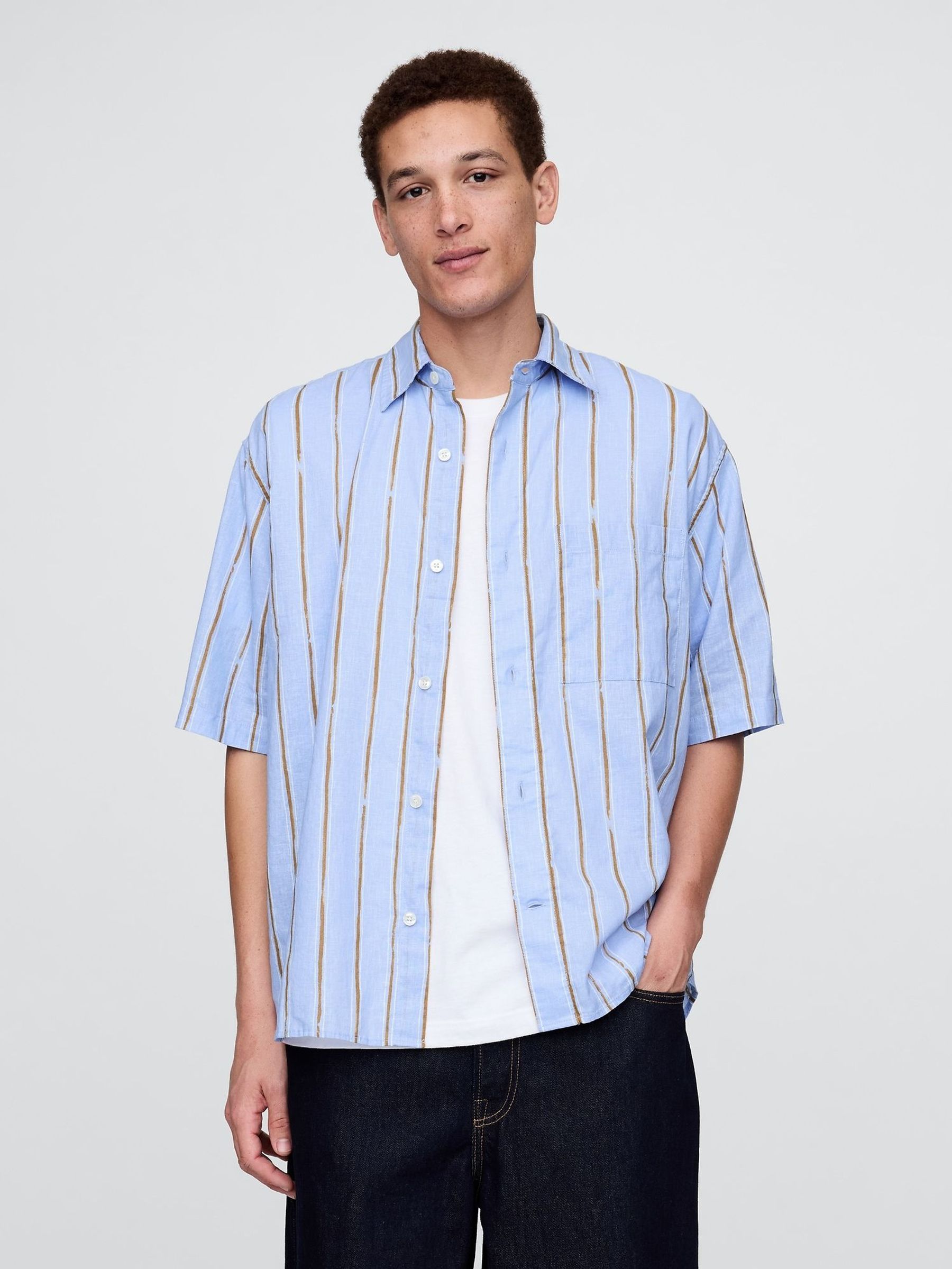 Blue Stripe Linen-Cotton Shirt (F81206) | £50