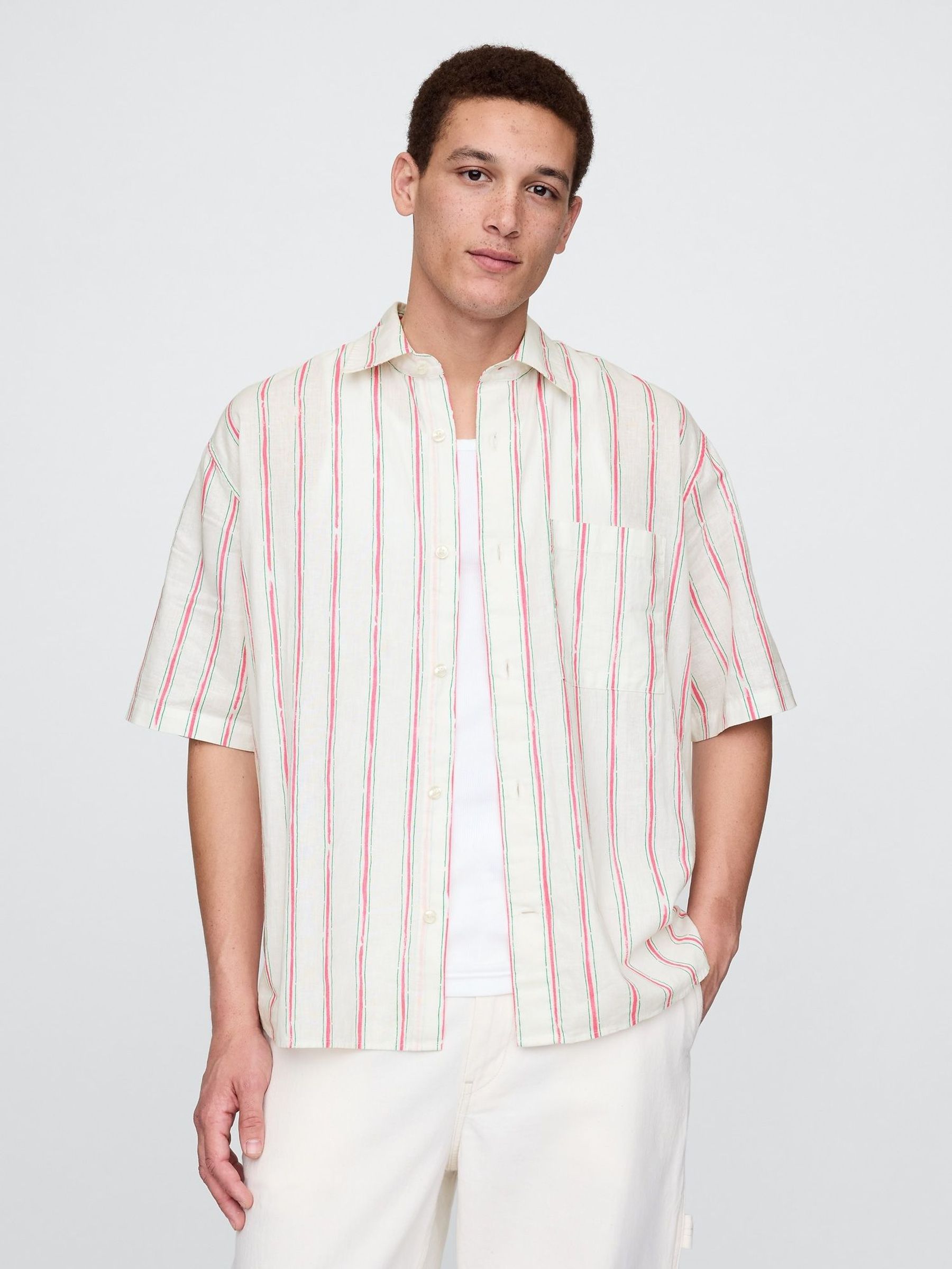 Cream Stripe Linen-Cotton Shirt (F81207) | £50