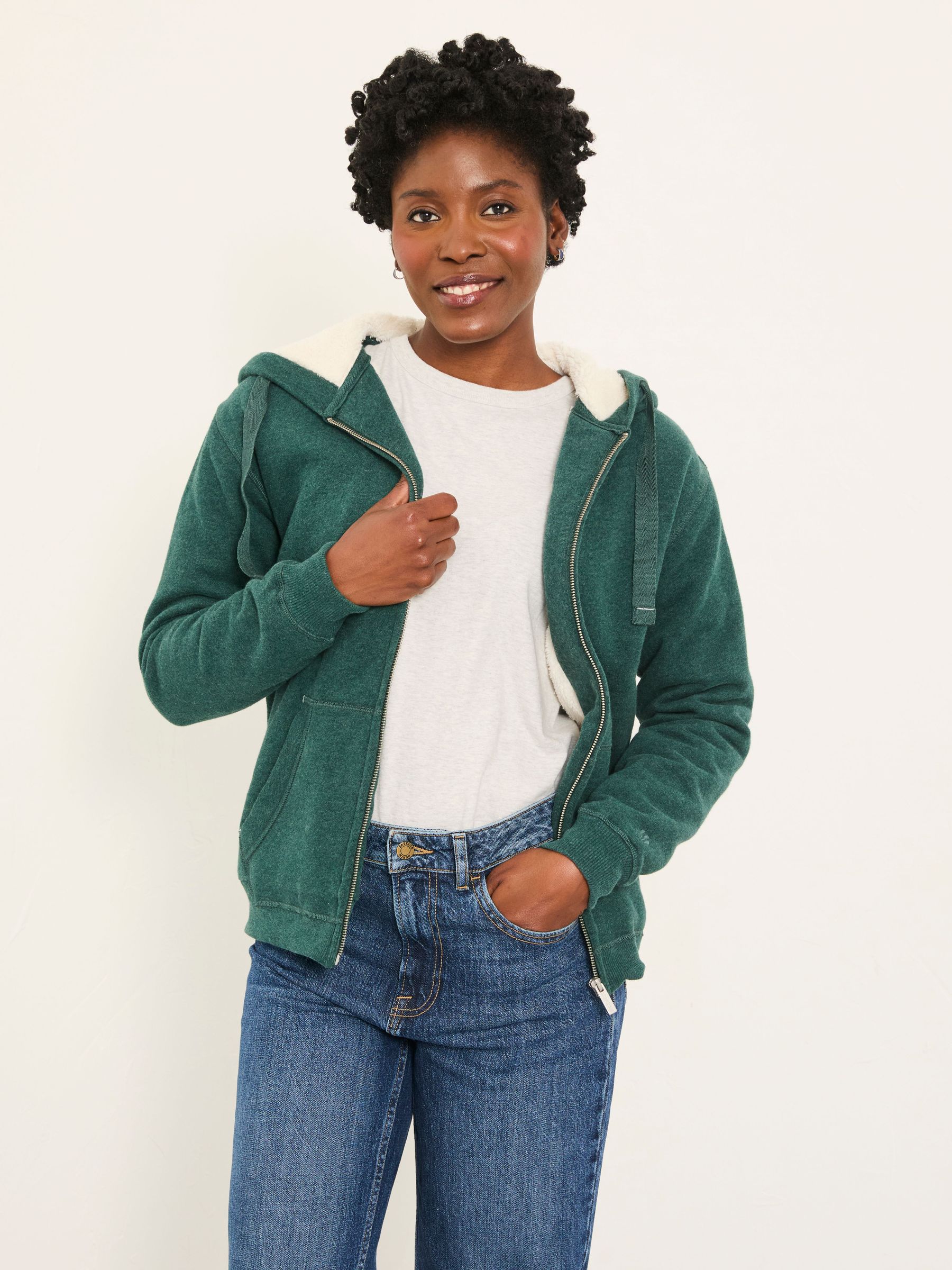 Amy Dark Teal Green Borg Lined Zip Through Hoodie (F82334) | £55
