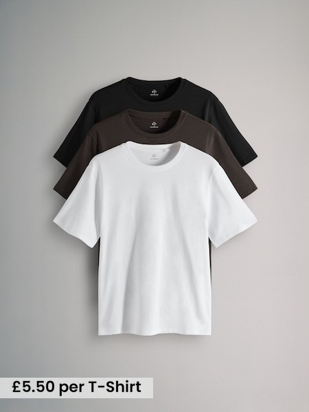 Black/Chocolate Brown/White - 3 Pack Relaxed Short Sleeved 100% Cotton T-Shirts (F85161) | £16.50