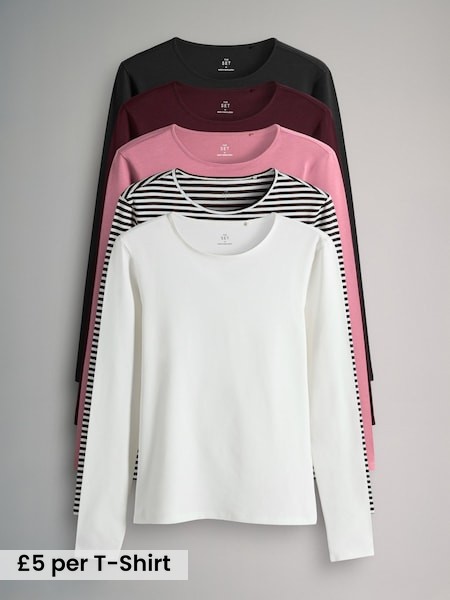 Black/Stripe/Berry/Mid Pink/Cream - 5 Pack Long Sleeve Crew Neck T-Shirts (F85166) | £25