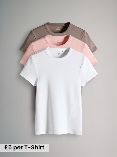 Taupe/Pink/White - 3 Pack Short Sleeve Ribbed T-Shirts (F85167) | £15