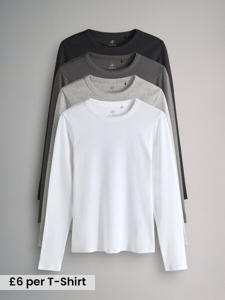 Black/Charcoal Grey/Light Grey Marl/White - 4 Pack Long Sleeve Ribbed T-Shirts (F85172) | £24