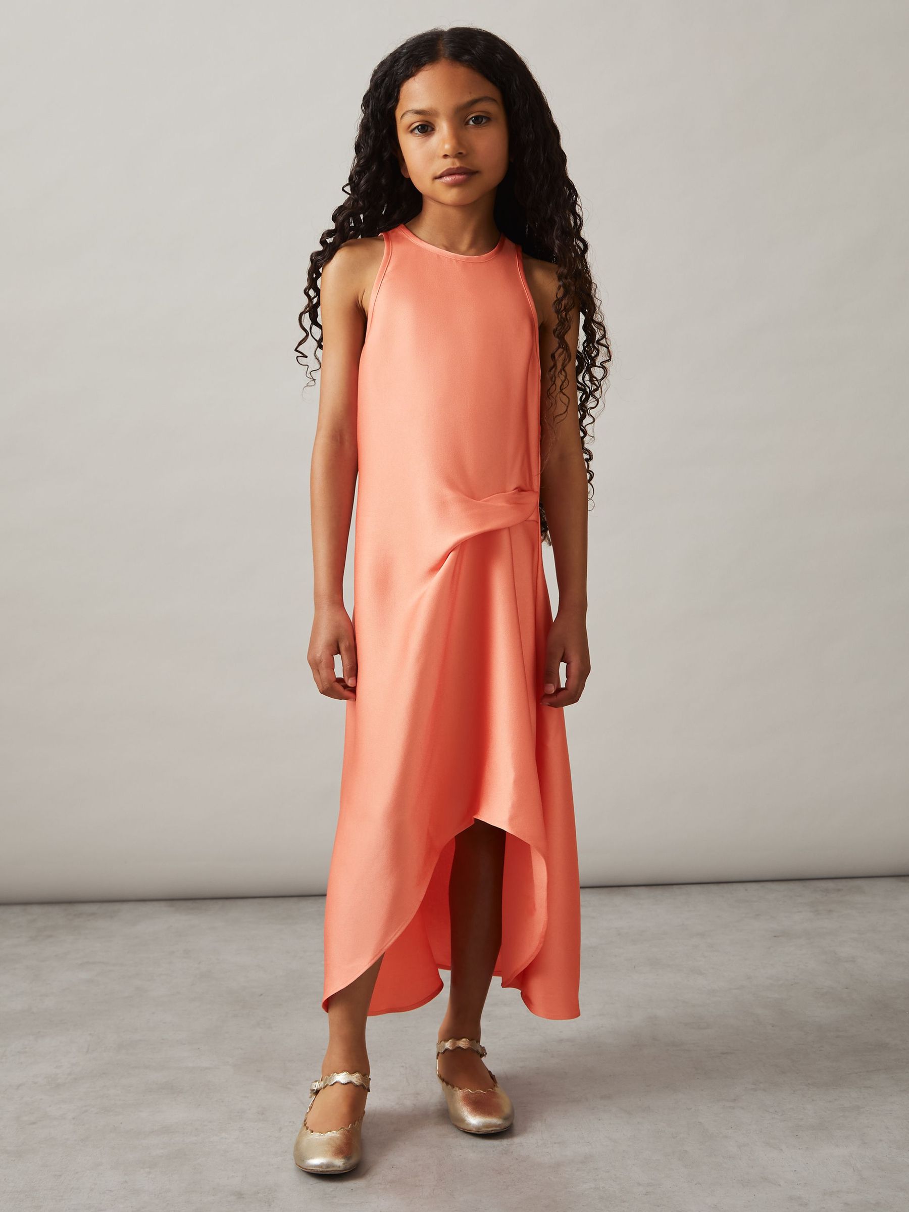 4-9 yrs Satin Drape Tuck Midi Dress in Coral (F85181) | £30