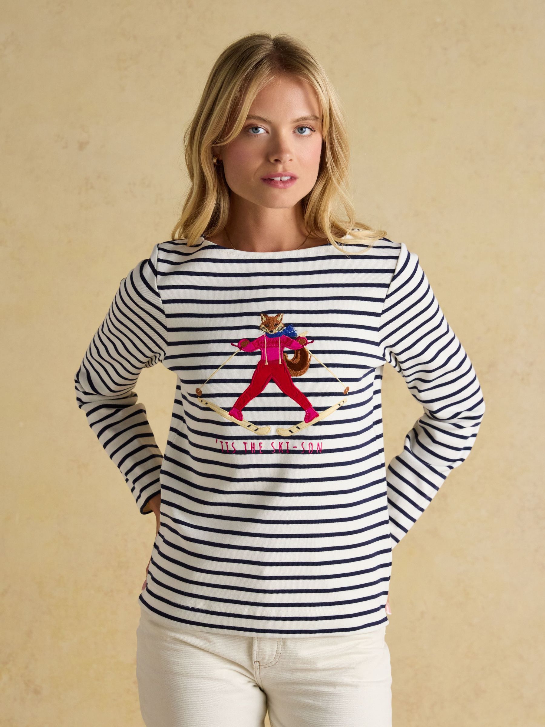 Christmas Harbour Jonty Fox Cream/Navy Boat Neck Breton Top (F85488) | £40