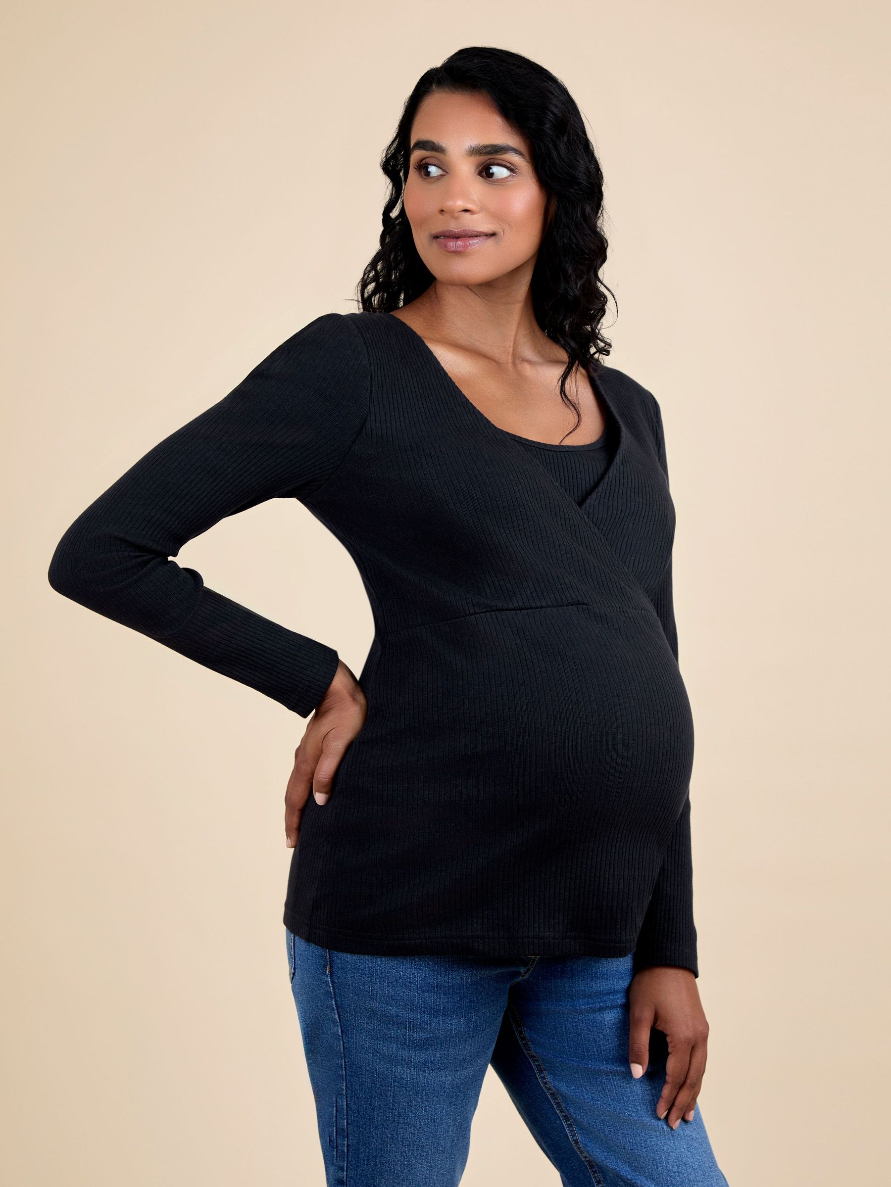 Black Wrap Maternity & Nursing Long Sleeve Ribbed Top (F86341) | £29.50