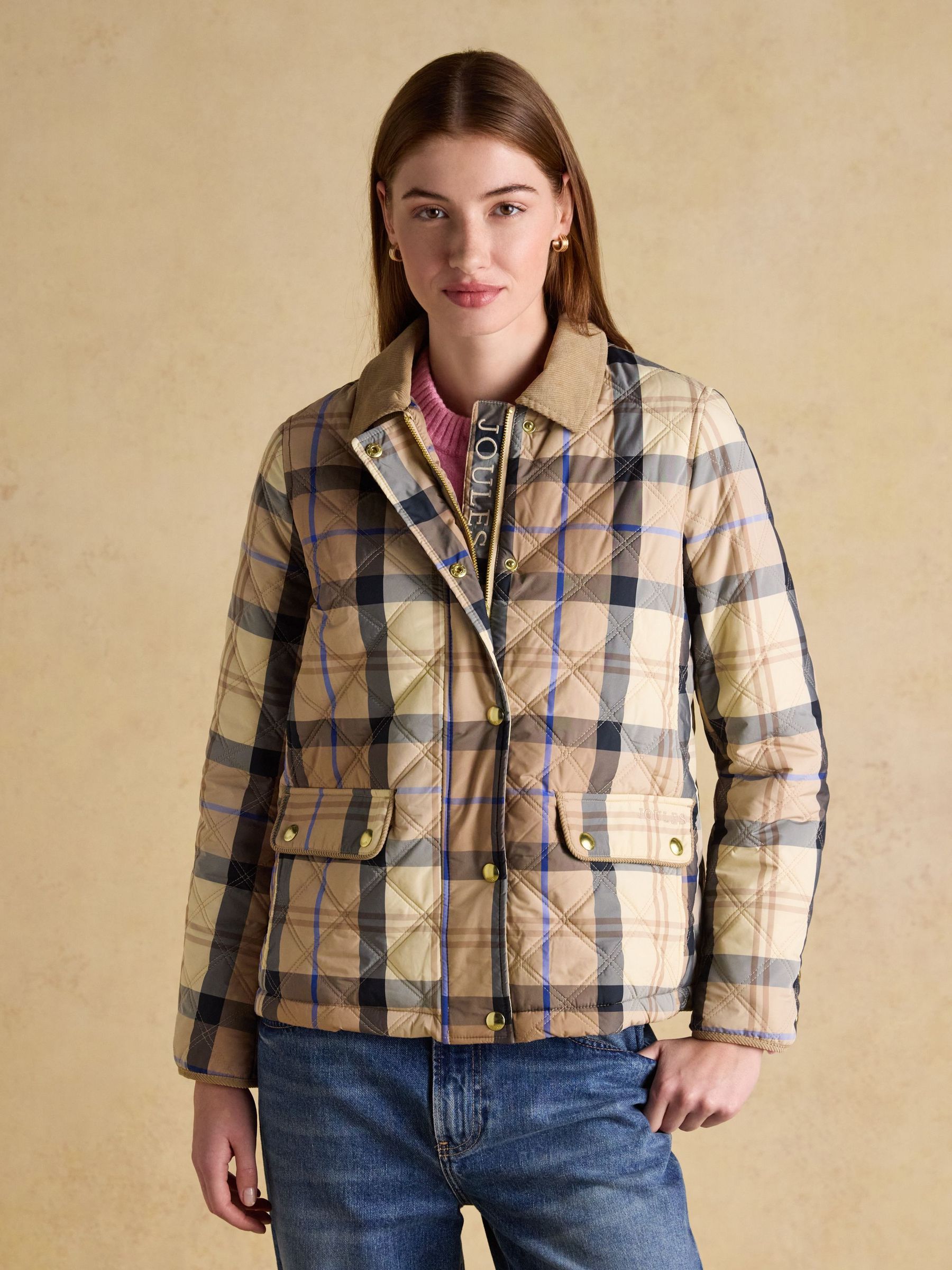 Harrogate Beige Check Showerproof Diamond Quilted Jacket