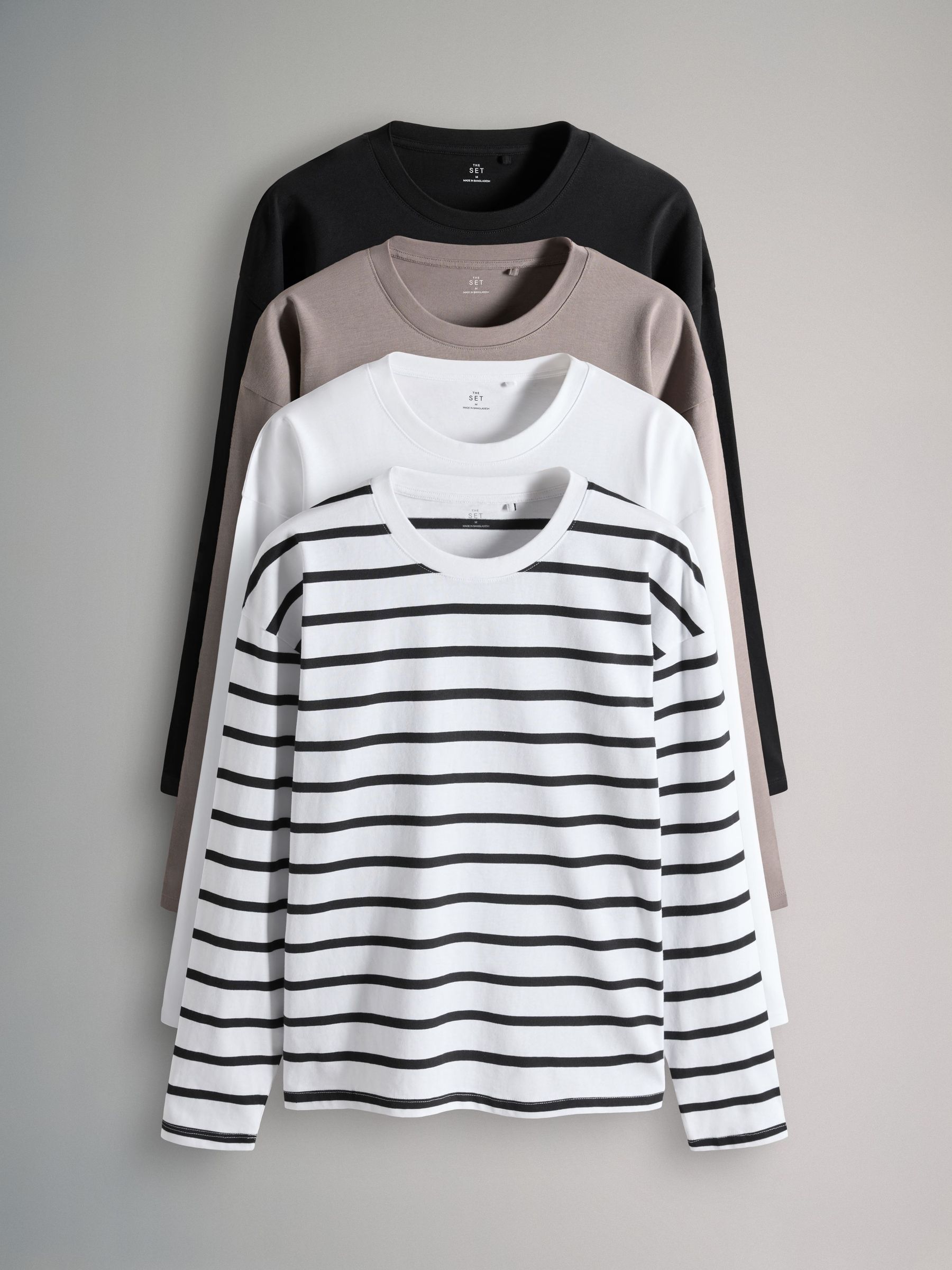 Black/Taupe Brown/Stripe/White - 4 Pack Heavyweight Relaxed Long Sleeve T-Shirts (F87530) | £28