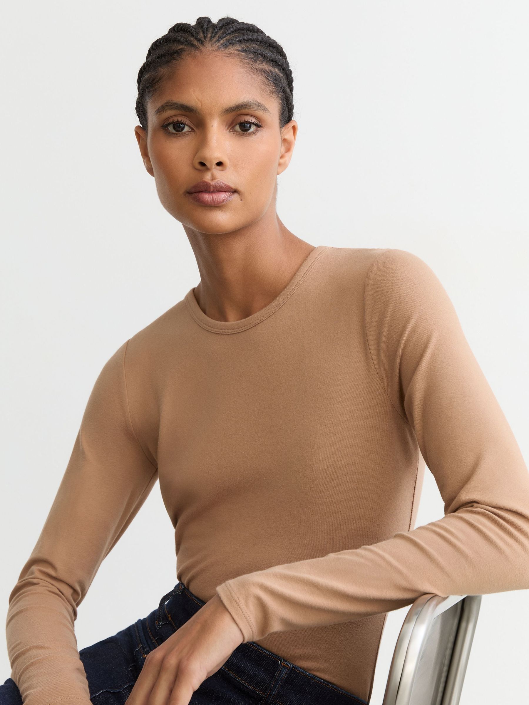 Camel - Cotton Crew-neck Long-sleeve T-shirt With Stretch