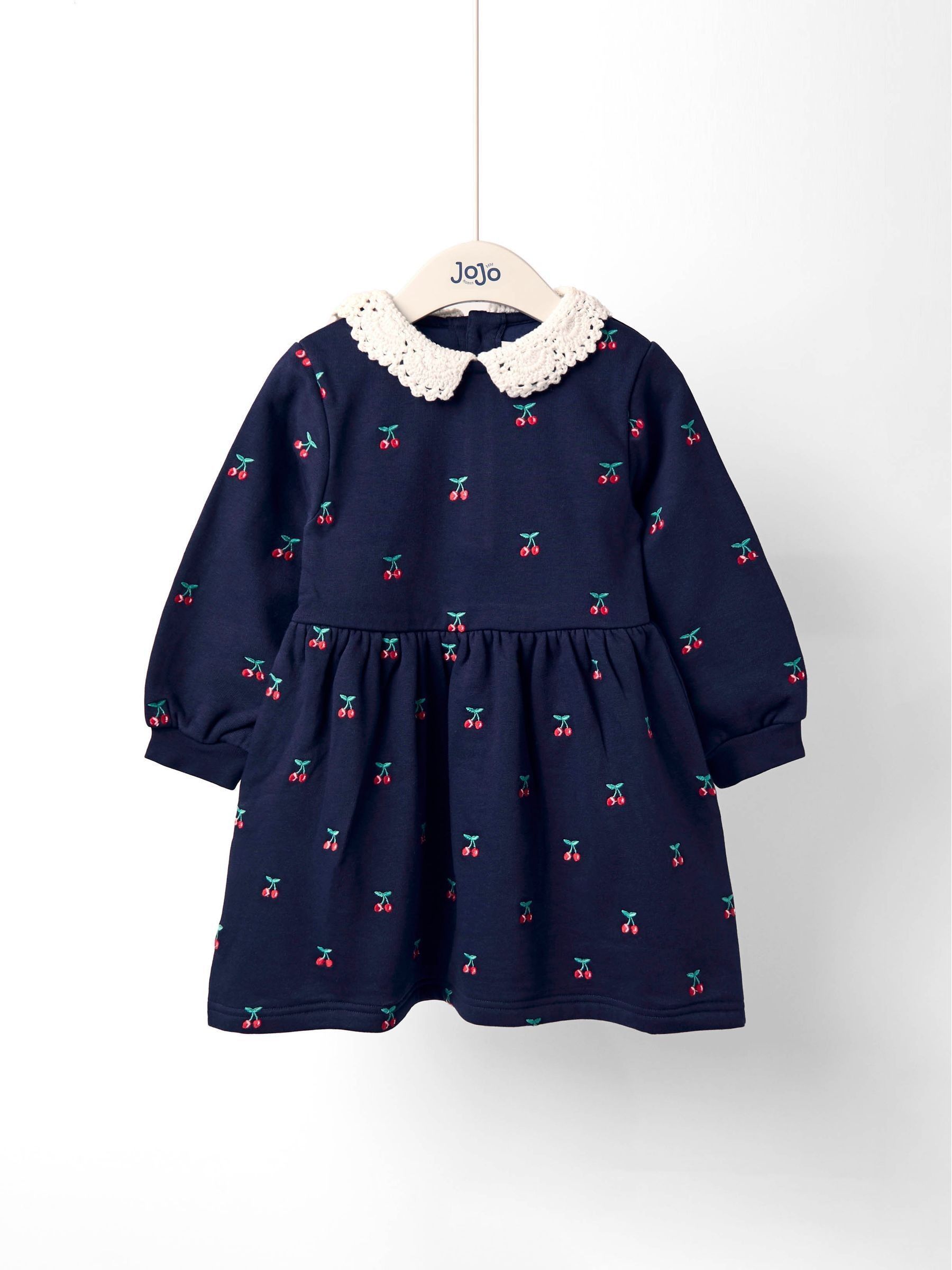 Navy Blue Cherry Crochet Collar Embroidered Sweat Dress (F89479) | £27 - £30