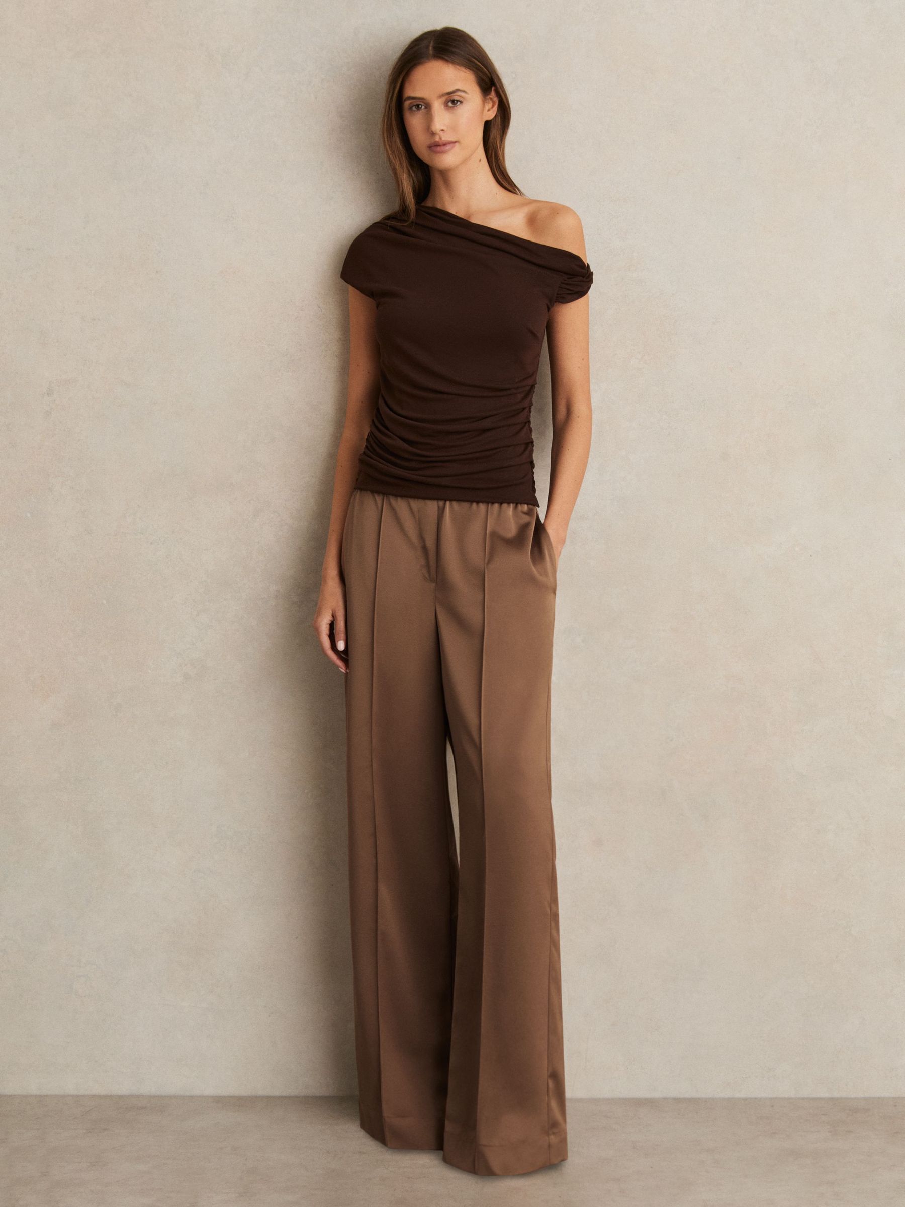 Satin Wide Leg Elastic Waist Trousers in Taupe Neutral (F91358) | £150