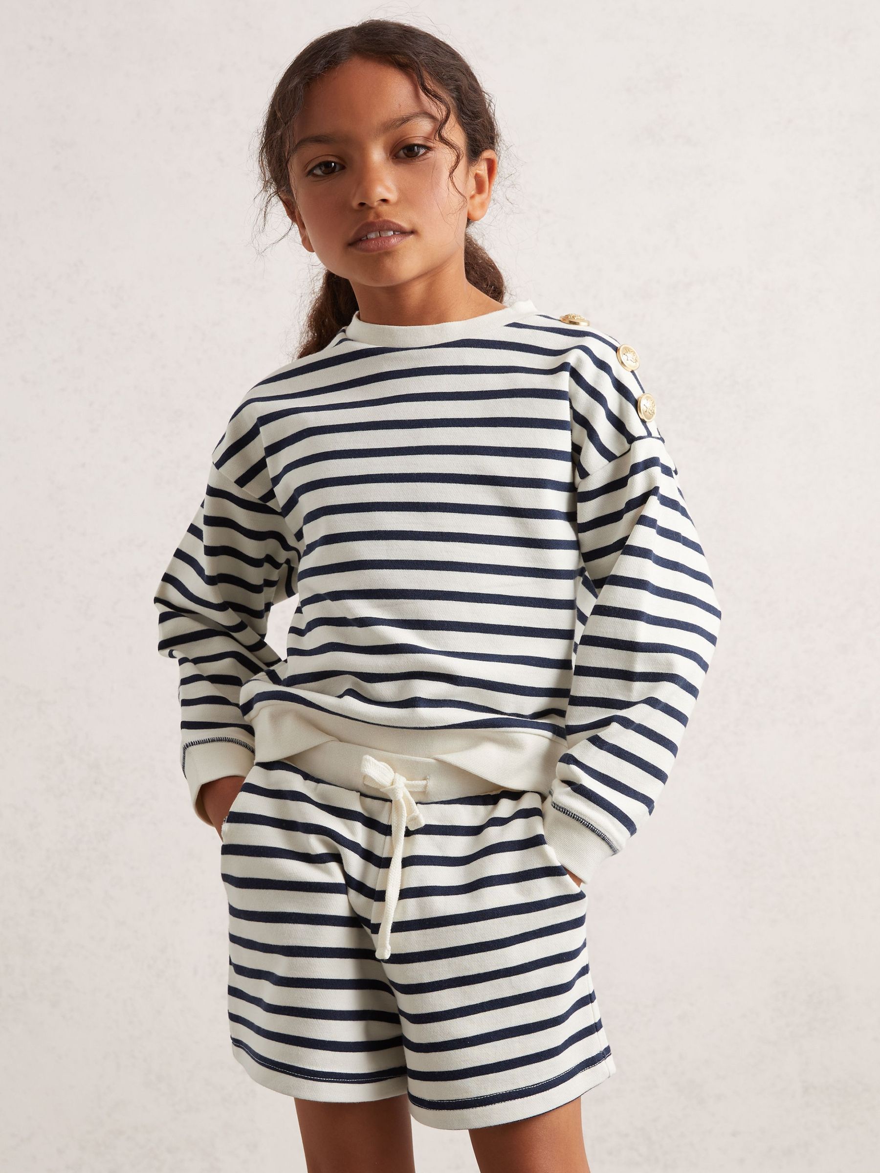 9-13 yrs Stripe Sweatshirt and Shorts Set Cotton-Blend in Navy/Ivory (F91385) | £71