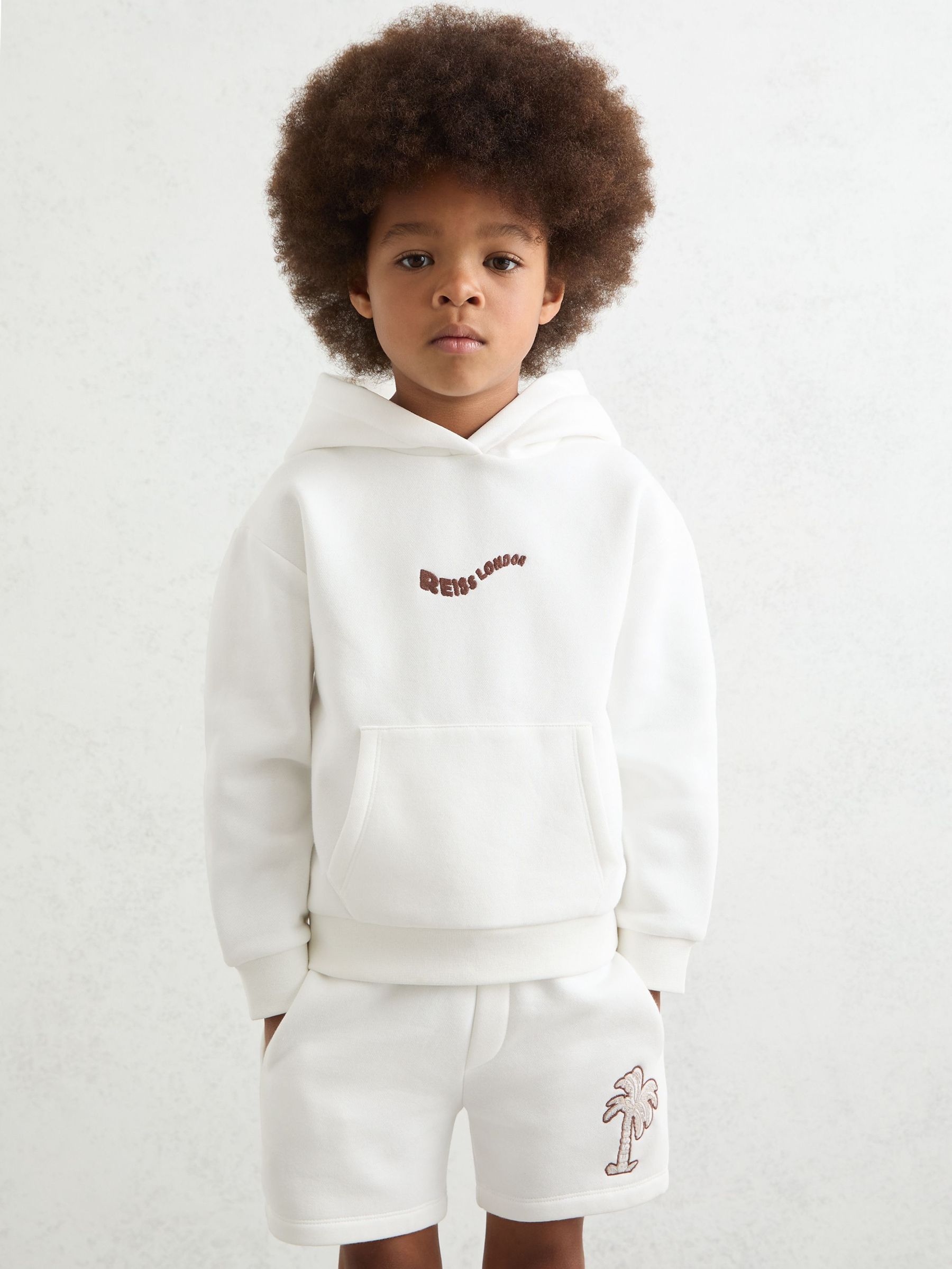 9-13 yrs Cotton-Blend Palm-Embroidered Hoodie in Off White (F93824) | £42