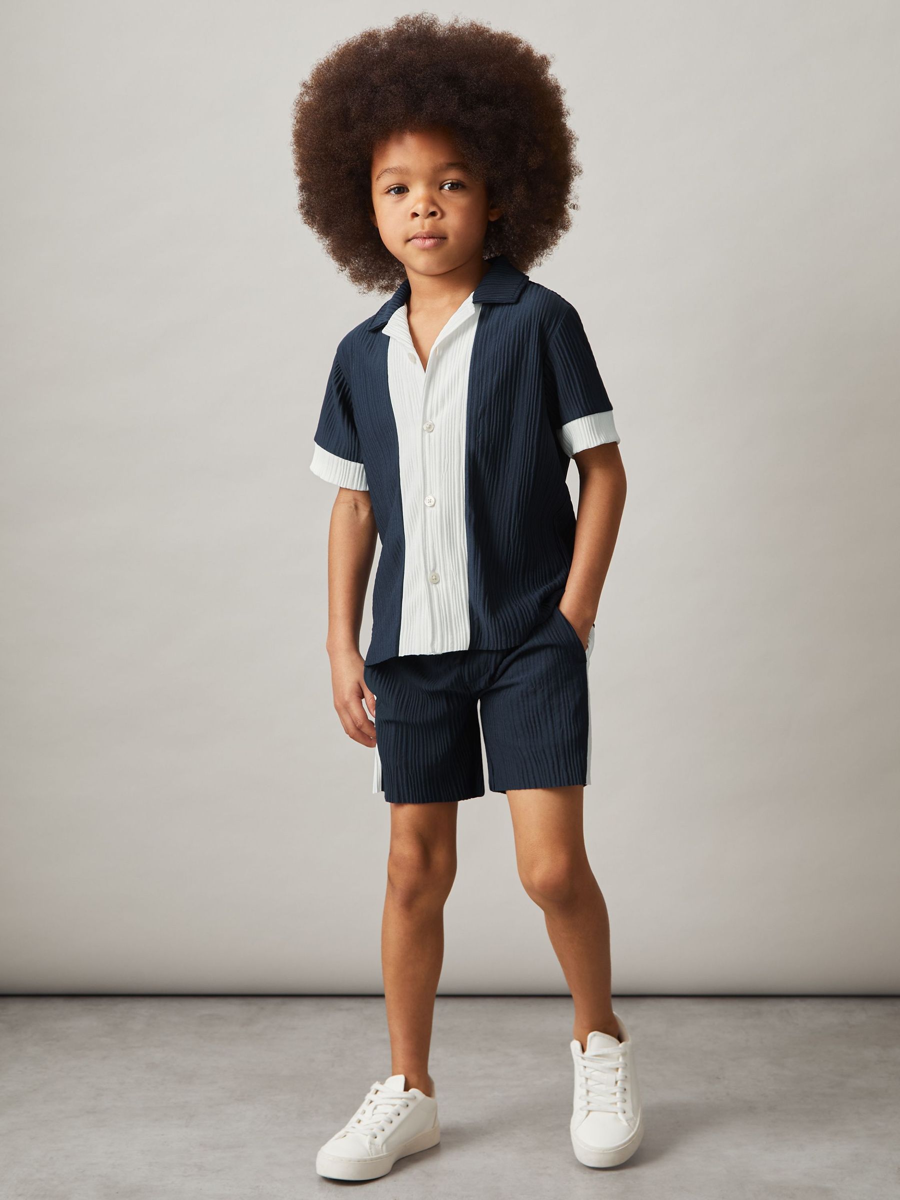 3-9 yrs Plissé Colour-Block Shirt in Navy/White (F93840) | £34