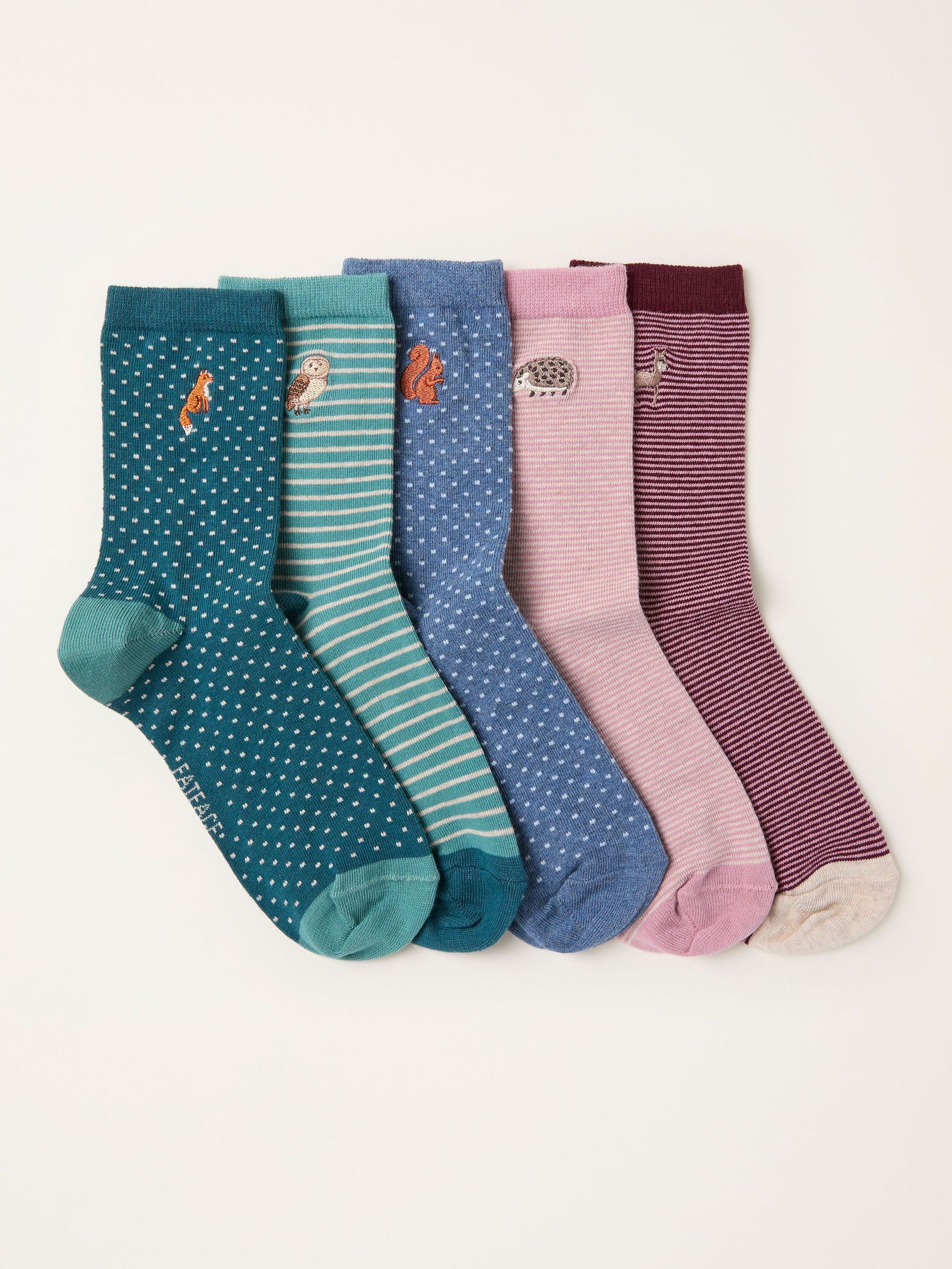 Multi 5 Pairs of Embroidered Woodland Socks (F94164) | £20
