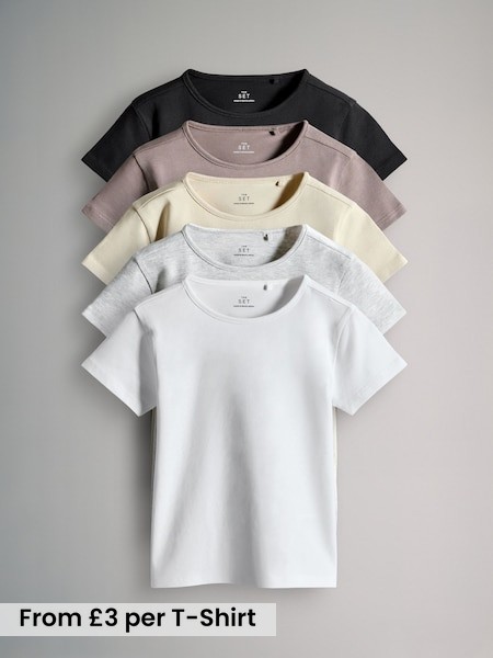 Black/Brown/Cream/Grey Marl - 5 Pack Short Sleeve Crew Neck Cotton T-Shirts (F94877) | £15 - £17