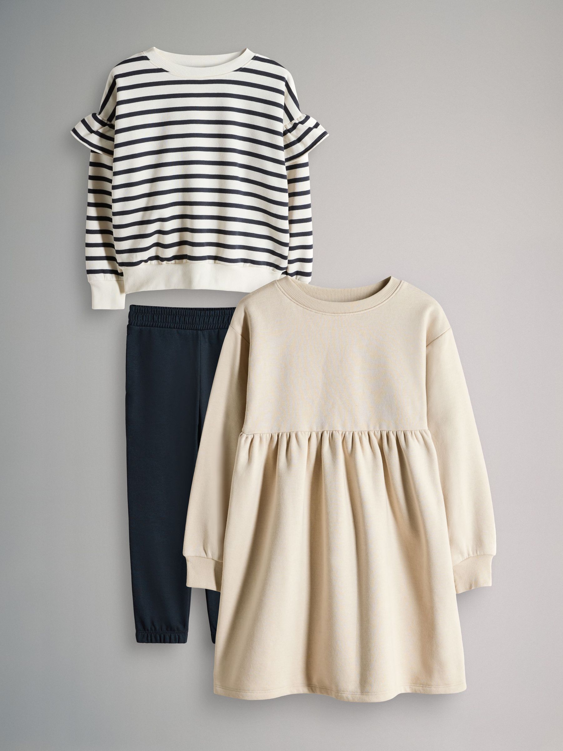 3 Pack Frill Crew Neck, Sweat Dress & Cuffed Joggers Set (F94887) | £19.50 - £26
