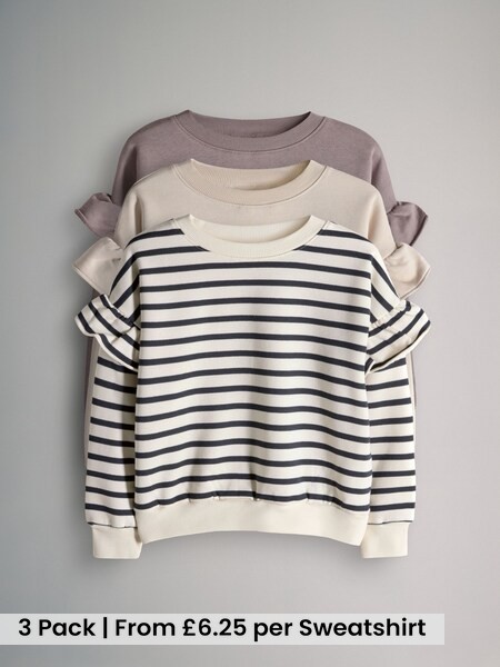 Brown/Cream/Stripe 3 Pack Relaxed Frill Sleeve Sweatshirts (F94934) | £18.75 - £25