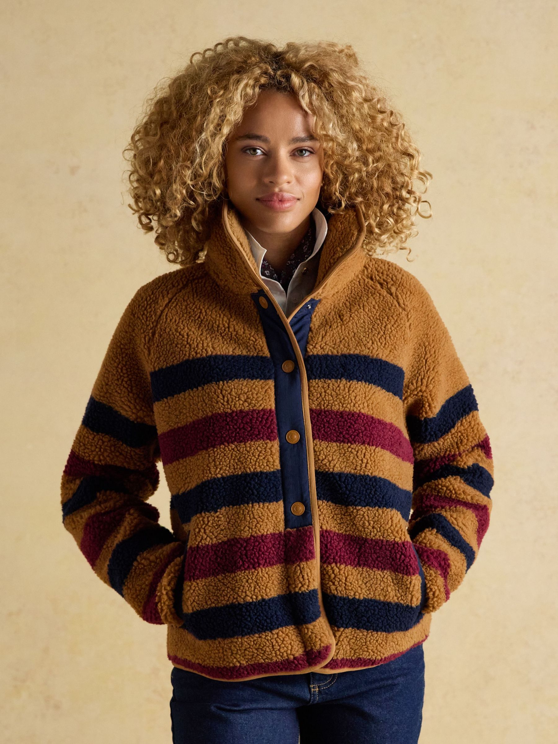 Tan Stripe Striped Borg Fleece Jacket