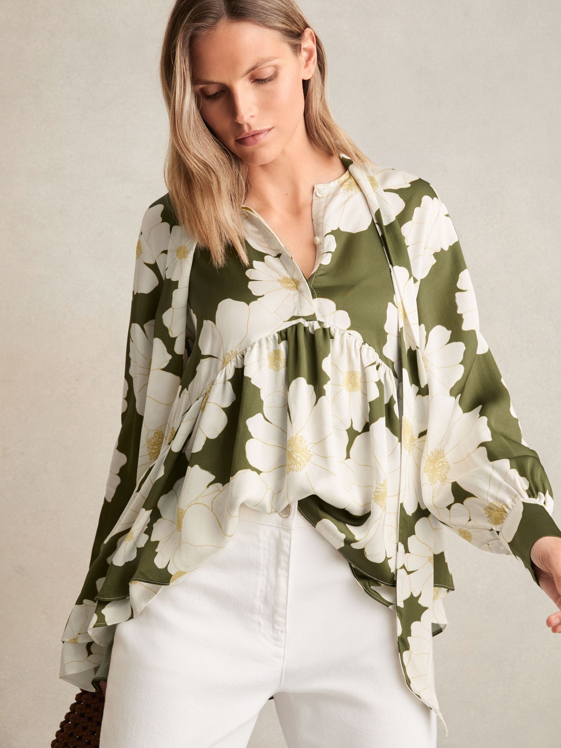 Floral Tie-Neck Swing Blouse in Ivory/Green (F96654) | £148