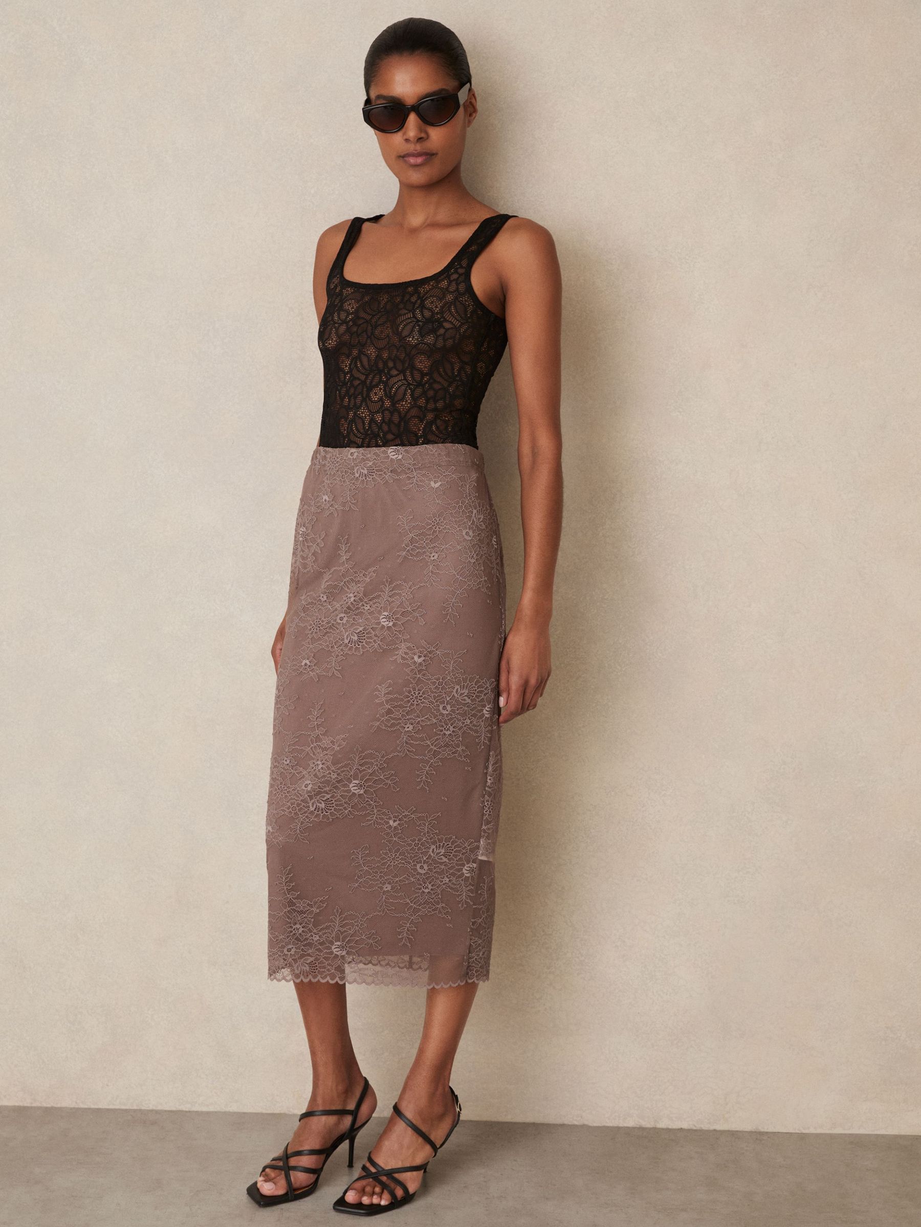 Lace Pencil Skirt in Taupe Brown (F96657) | £32