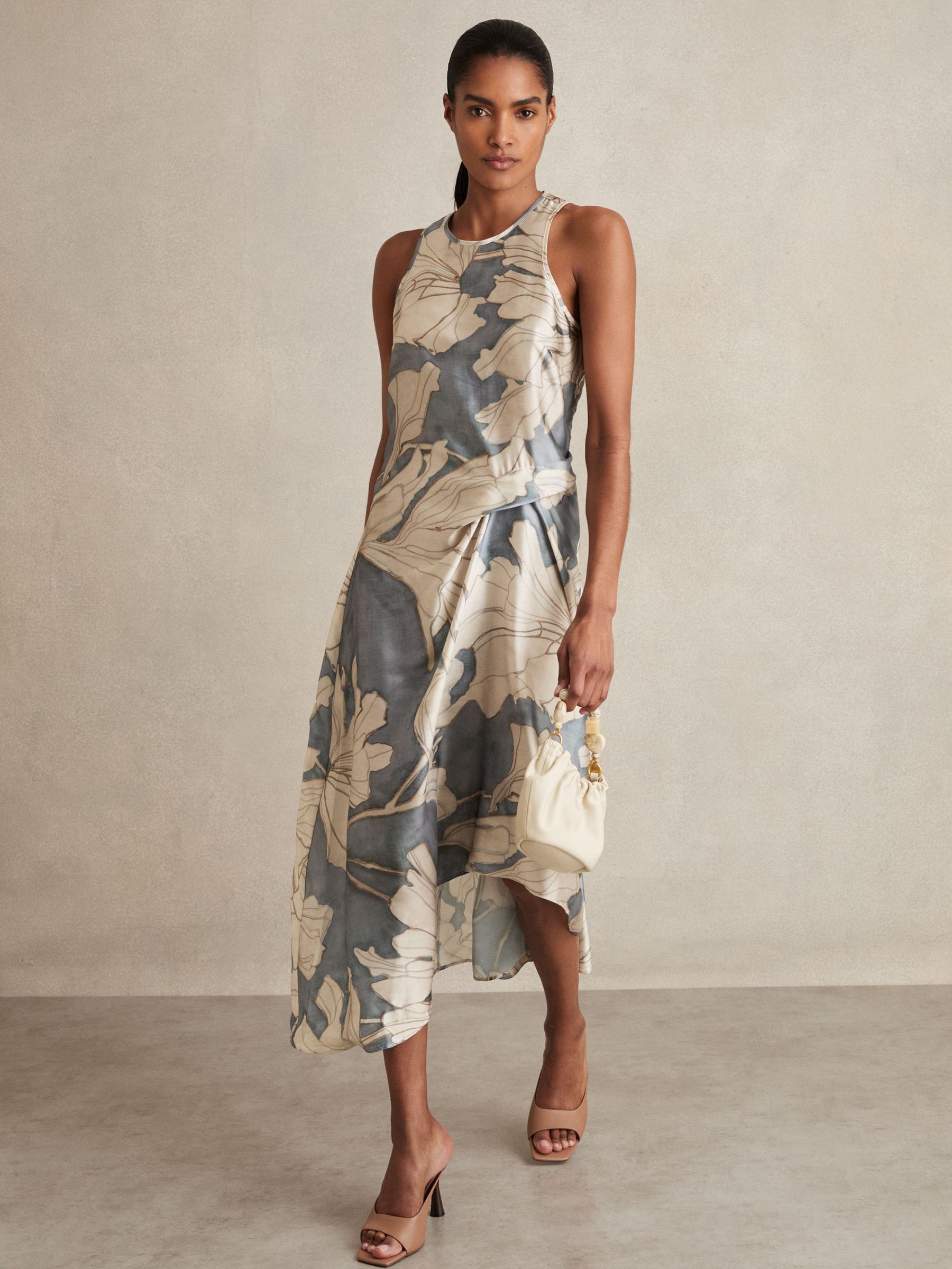 Satin Floral Drape Midi Dress in Blue (F96658) | £180