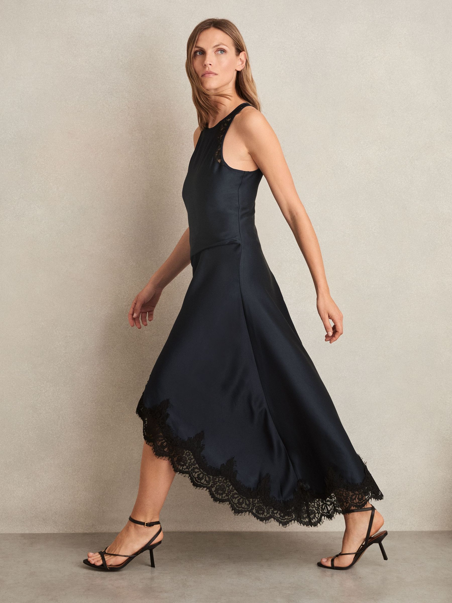 Satin Drape Lace-Trim Dress in Navy (F96668) | £180