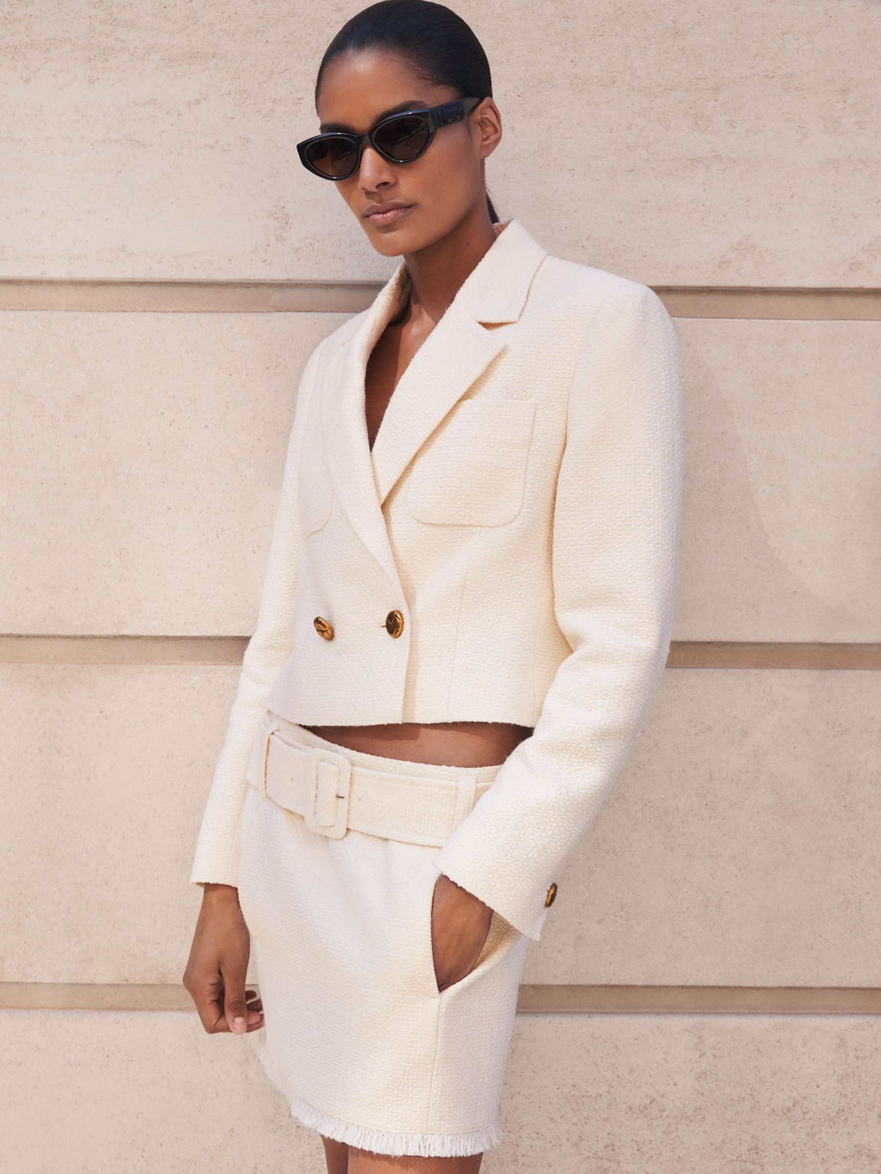 Bouclé Belted Mini Skirt With Wool and Cotton in White (F96669) | £110