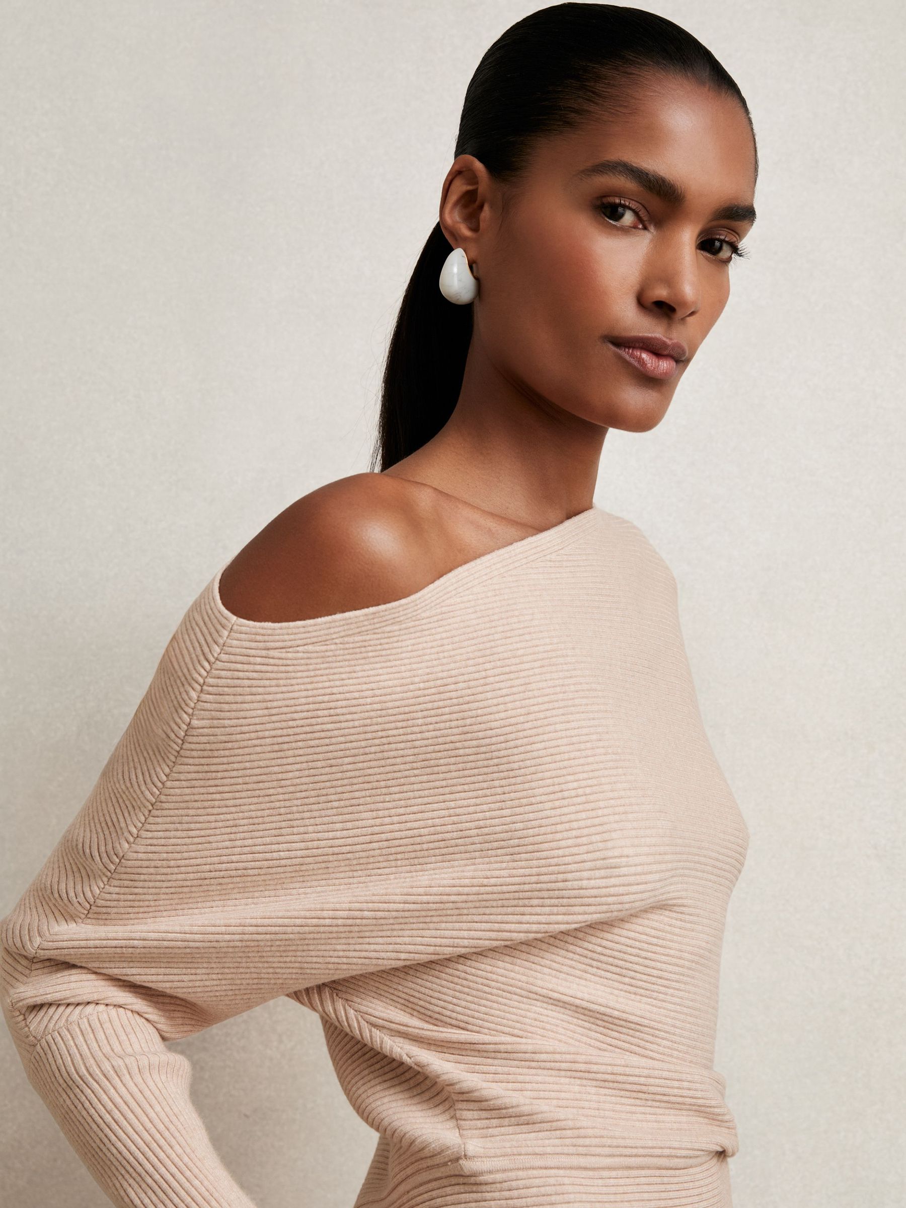 Asymmetric Draped Knitted Jumper in Oatmeal Neutral (F97651) | £110