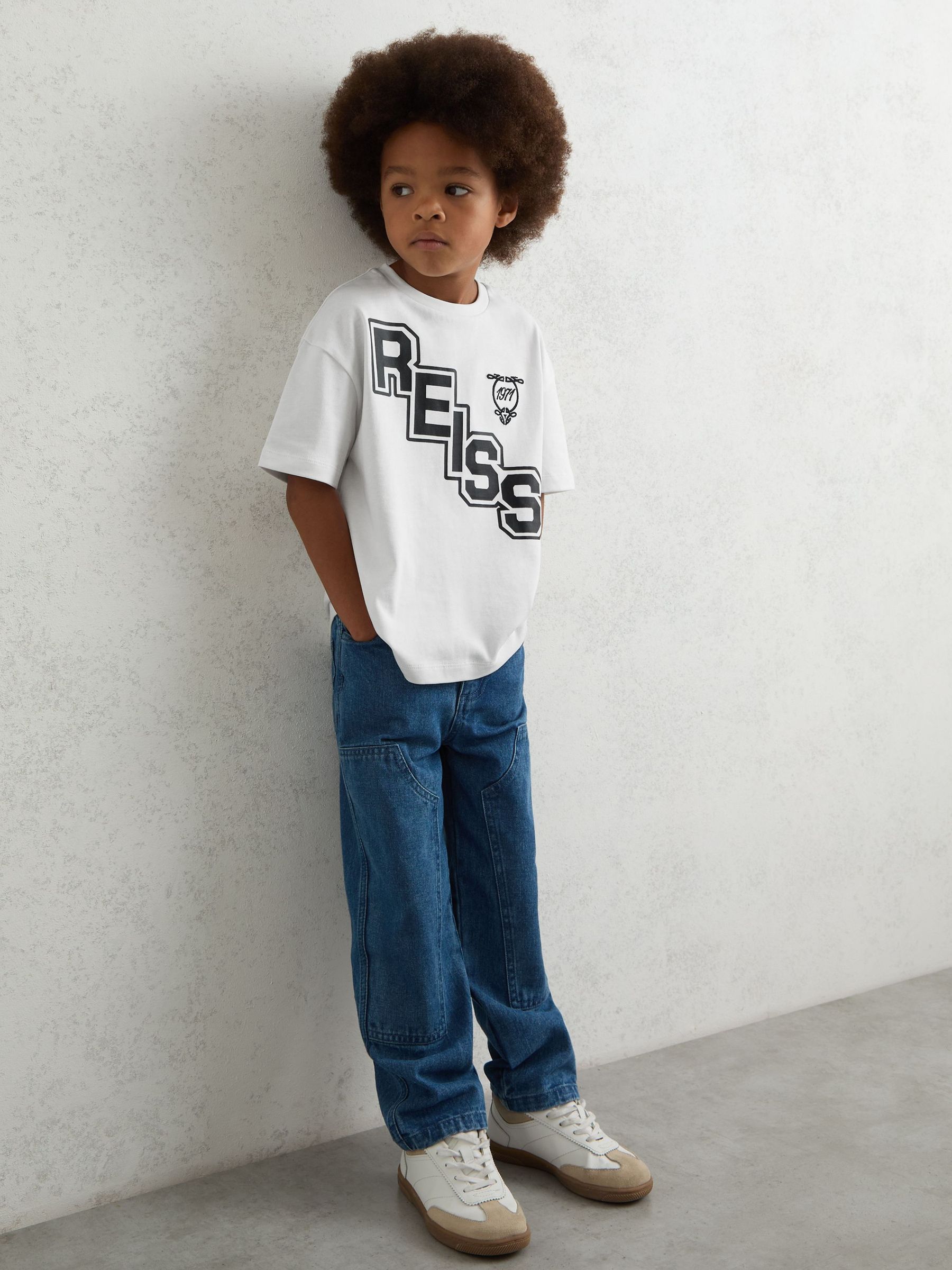 3-9 yrs Cotton Oversized Logo T-Shirt in White/Navy (F97719) | £18
