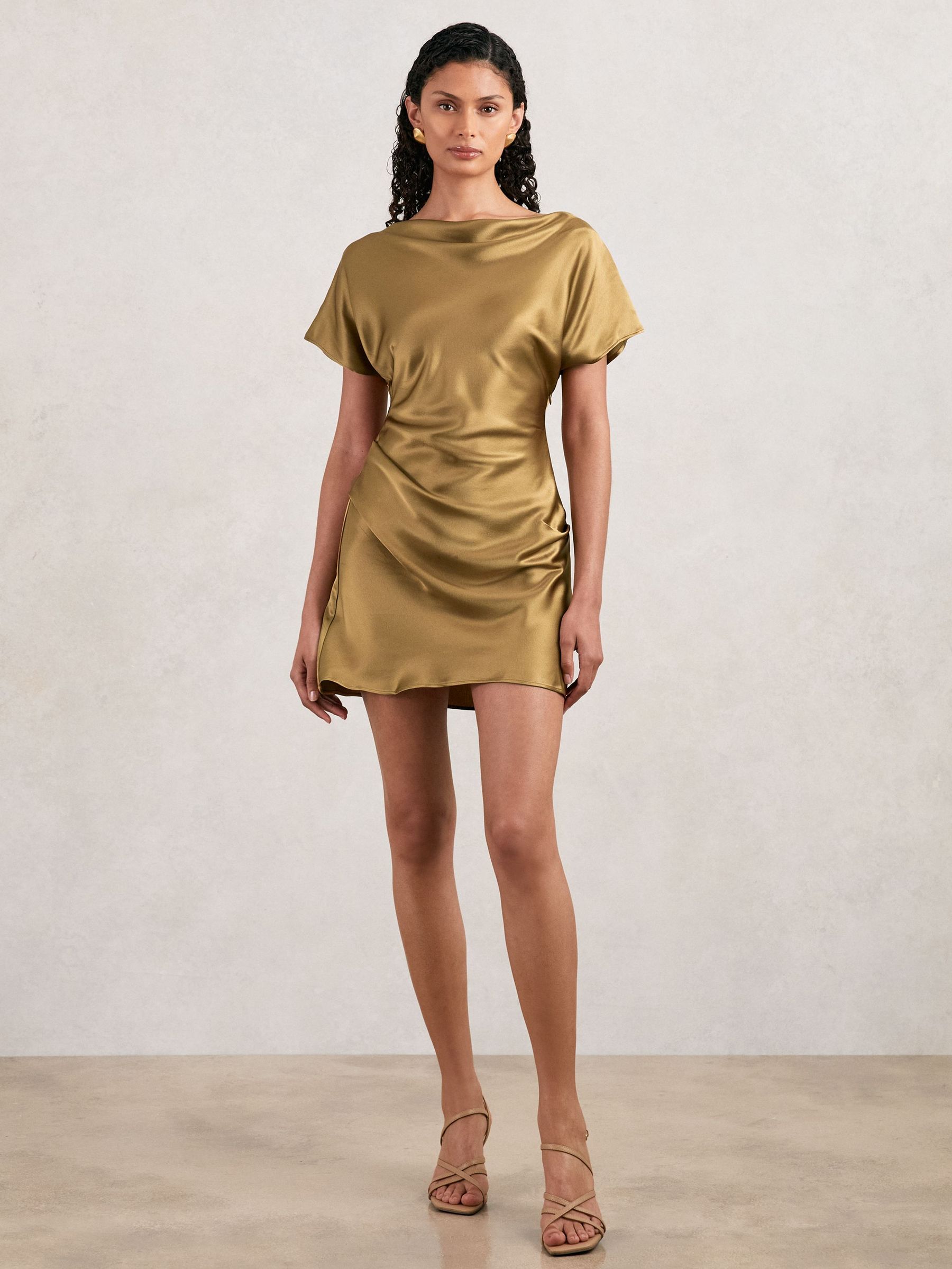 Acler Draped Satin Mini Dress in Gold Moss (F97721) | £380