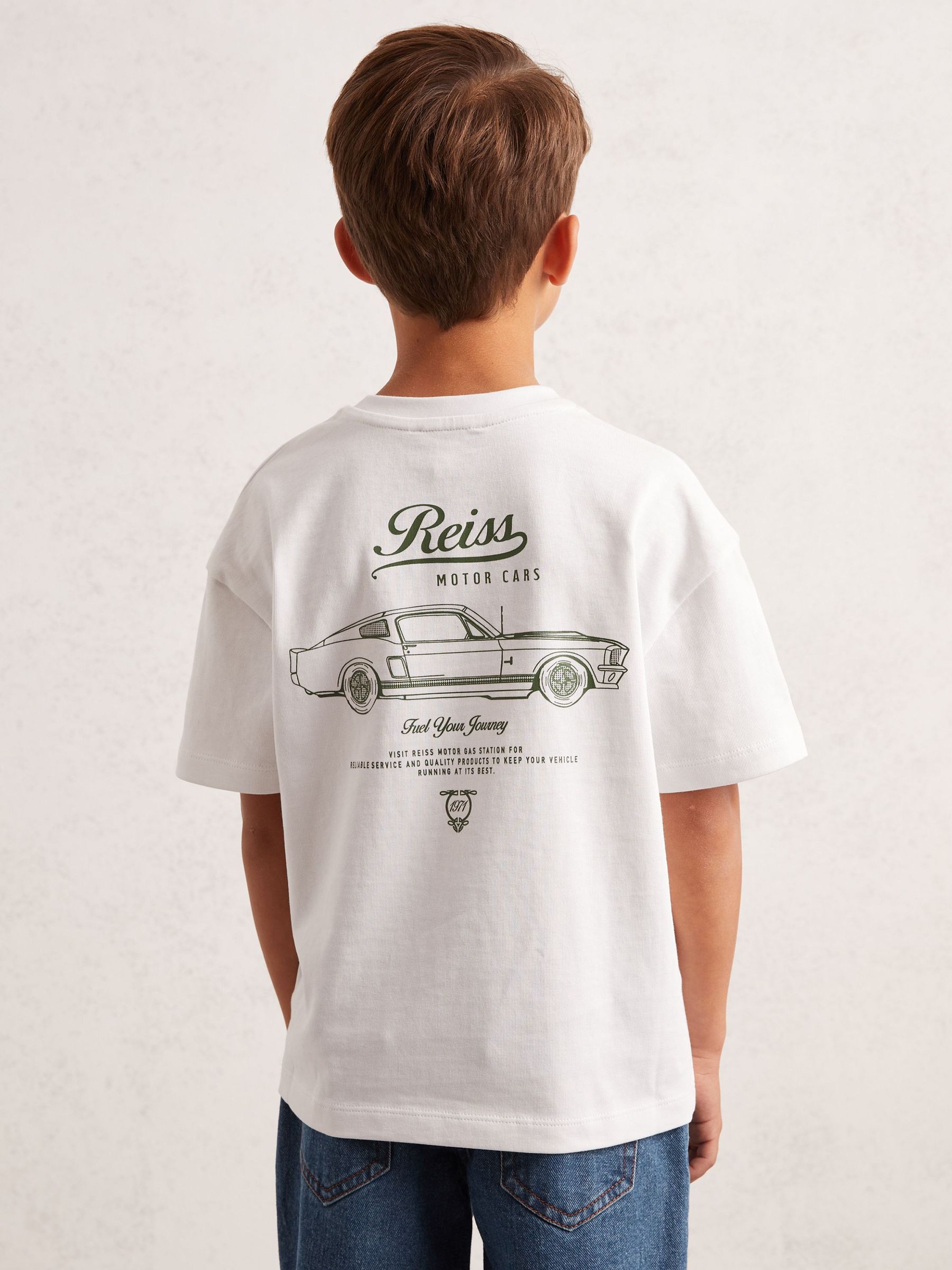 9-13 yrs Cotton Motor Cars-Print T-Shirt in White/Green (F97733) | £20