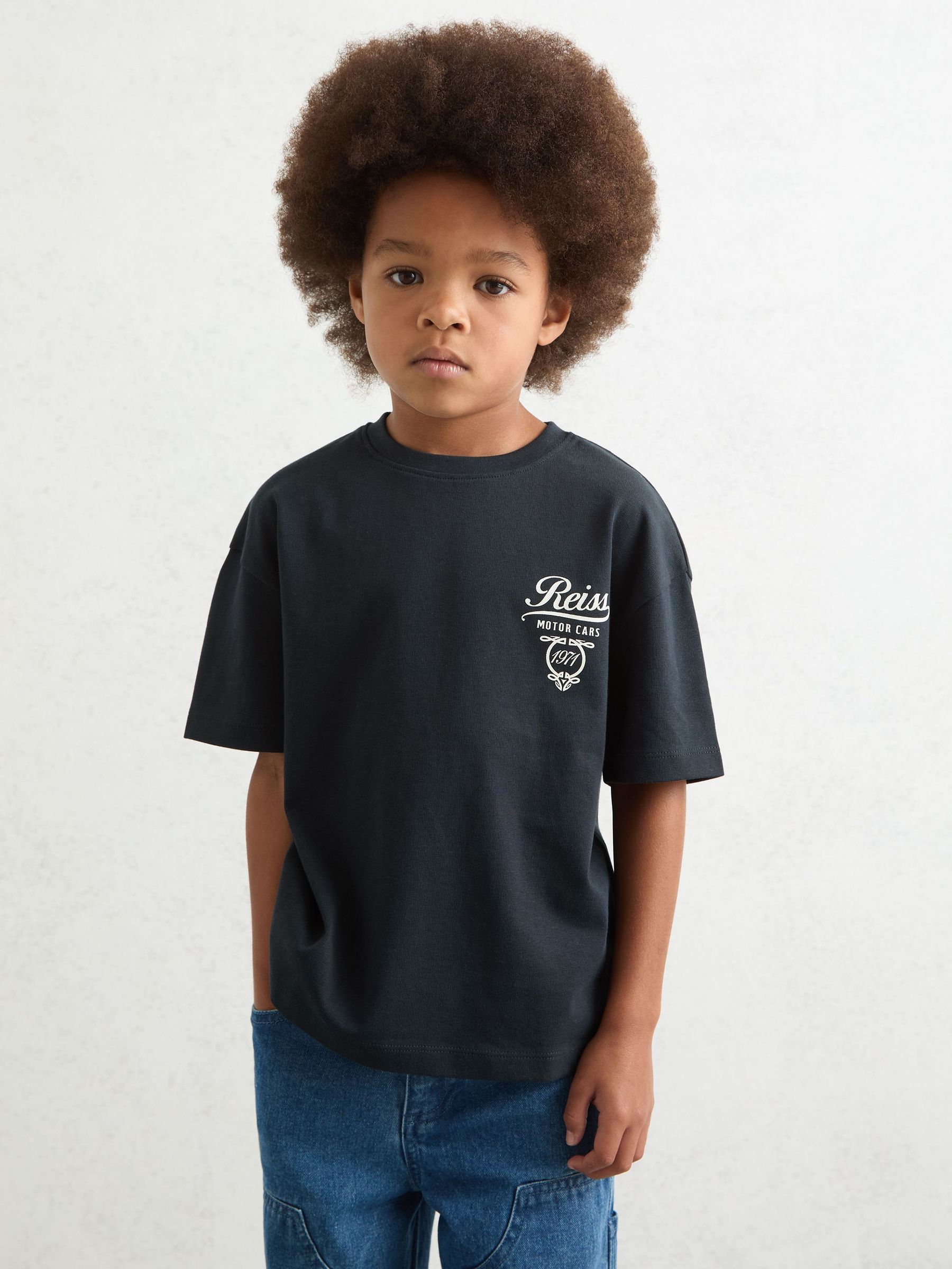 9-13 yrs Cotton Motor Cars-Print T-Shirt in Washed Blue/White (F97734) | £20