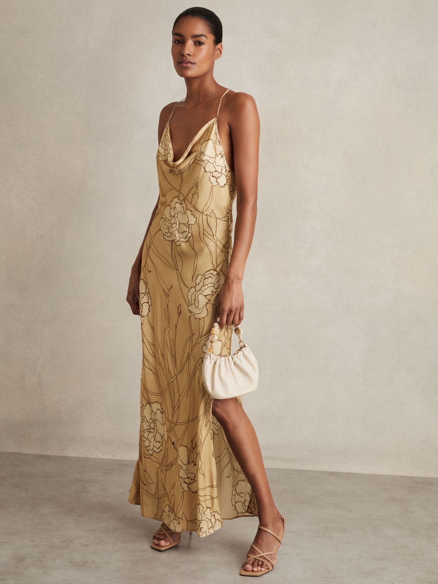 Satin Floral-Print Slip Maxi Dress in Gold (F97750) | £198