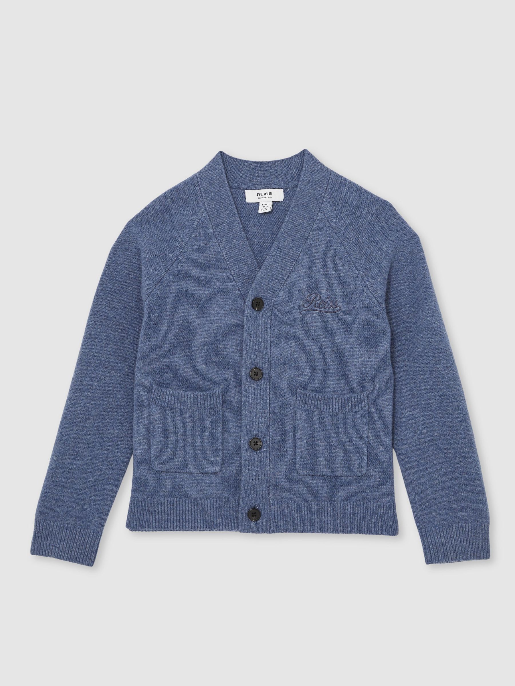 13-14 yrs Wool Embroidered-Logo Cardigan in Dark Airforce Blue (F97763) | £58