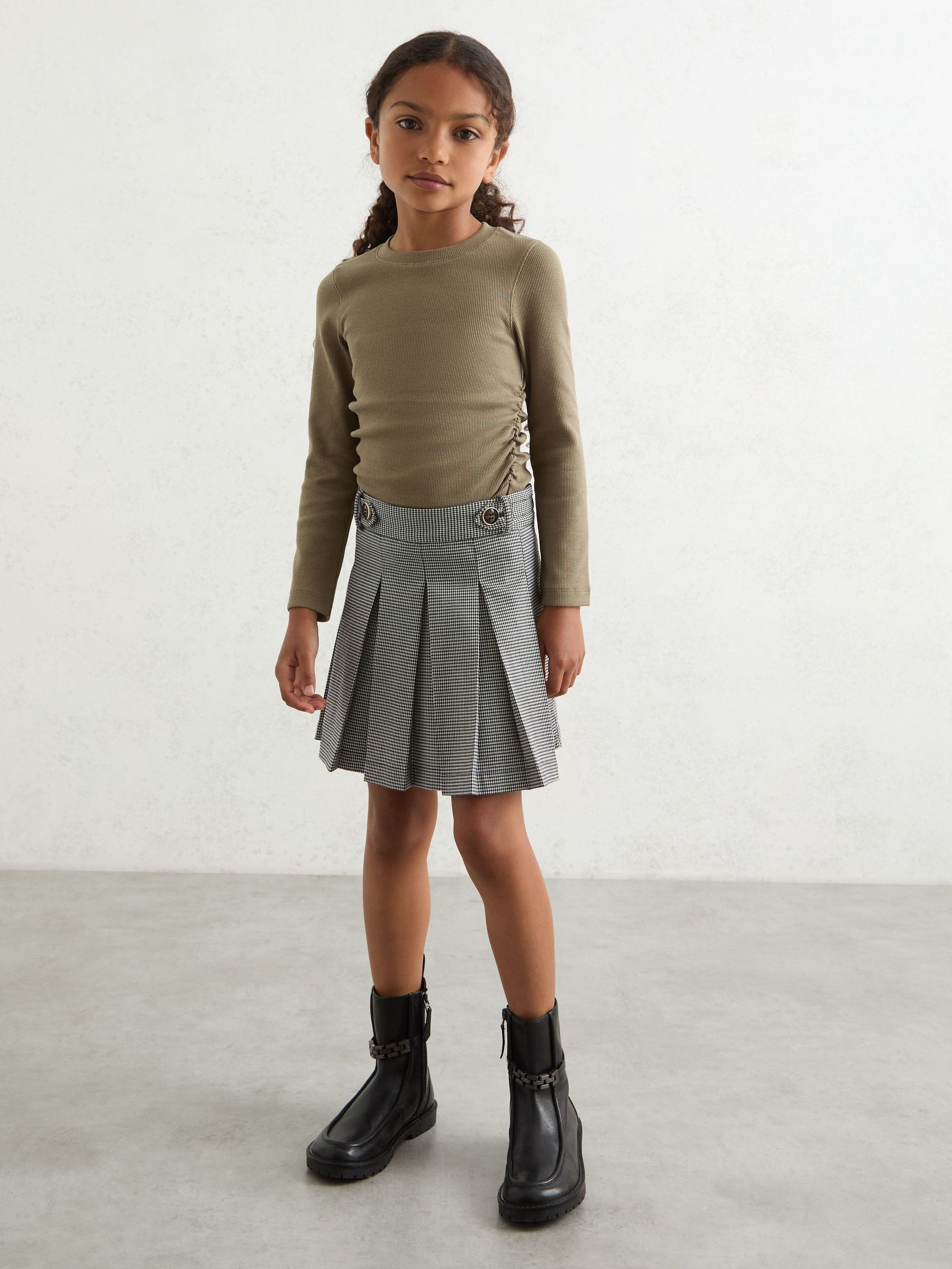 9-13 yrs Cotton Ruched Long-Sleeve T-Shirt with Stretch in Khaki (F97828) | £16
