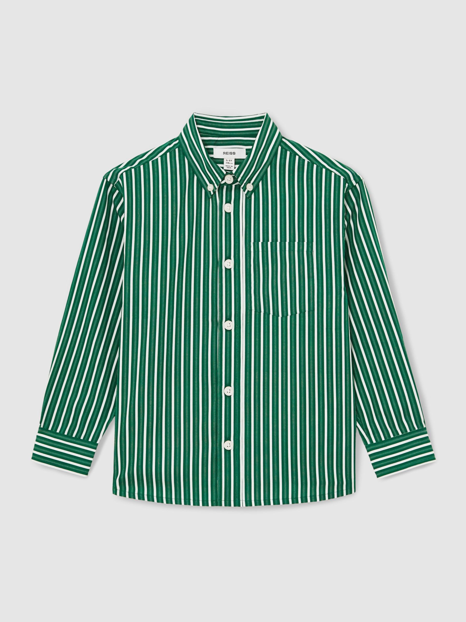 13-14 yrs Cotton-Poplin Striped Oversize Shirt in Green/White (F97847) | £44