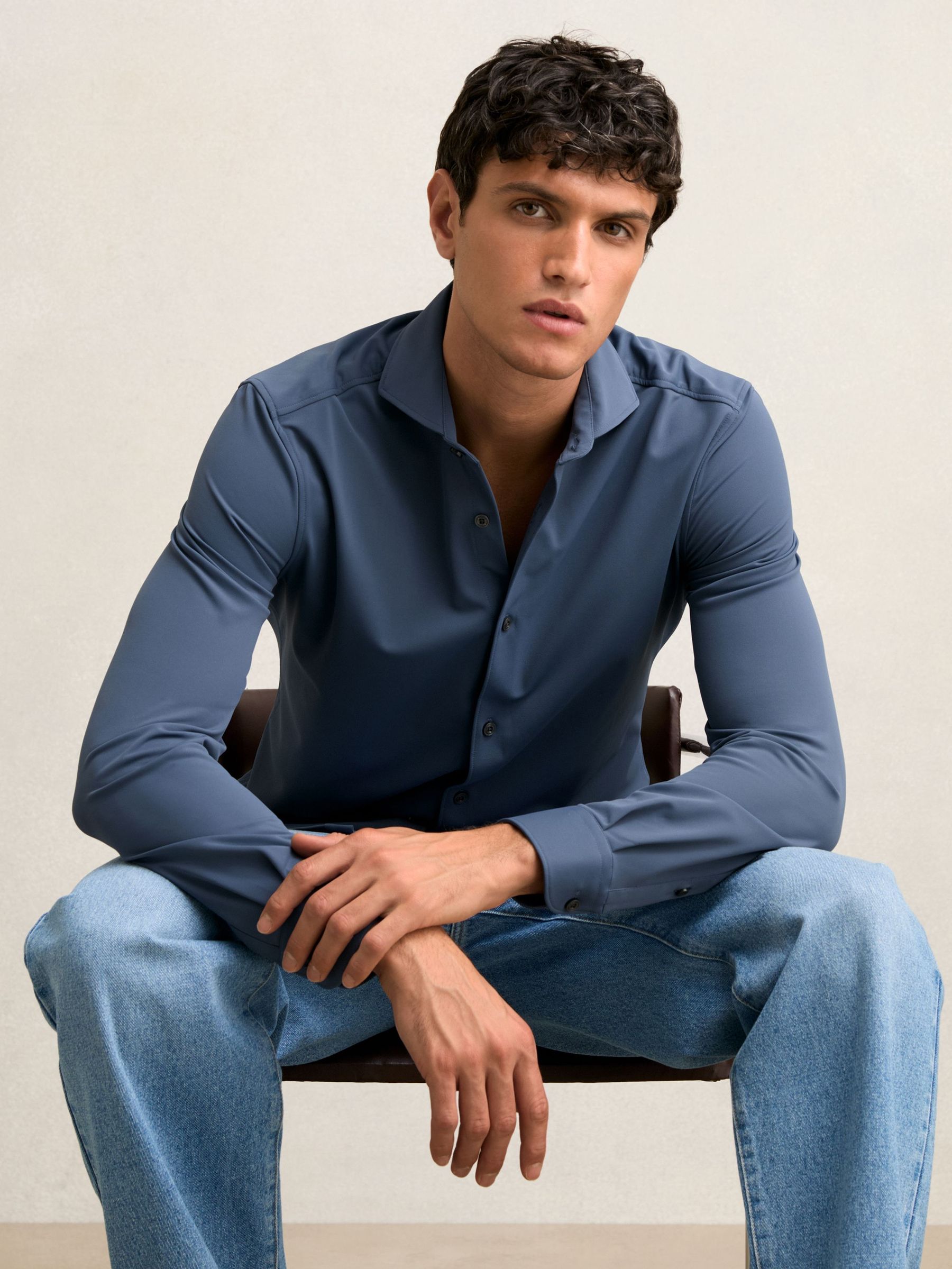Stretch Jersey Cutaway-Collar Shirt in Dark Airforce Blue (F97855) | £110