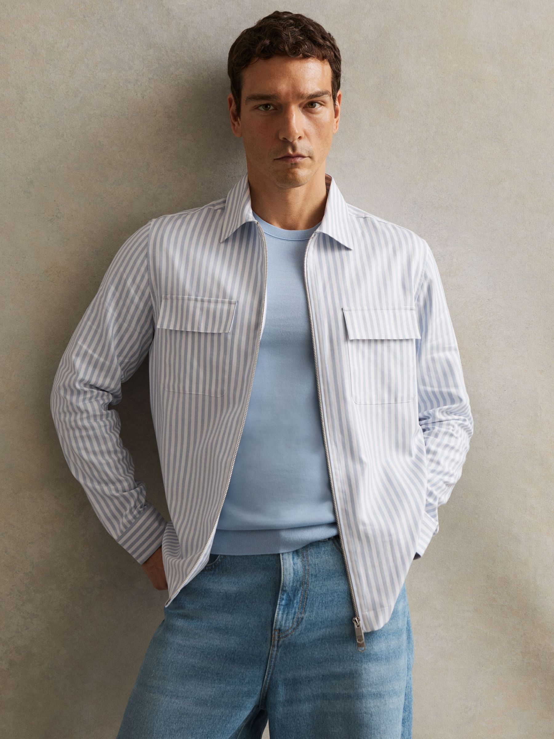 Cotton Stripe Zip-Through Shirt in White/Soft Blue (F97869) | £120