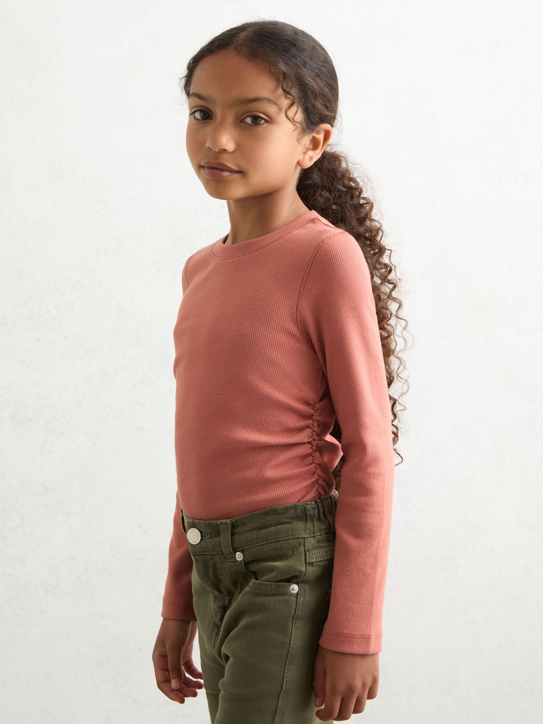 4-9 yrs Cotton Ruched Long-Sleeve T-Shirt with Stretch in Rose (F97886) | £14