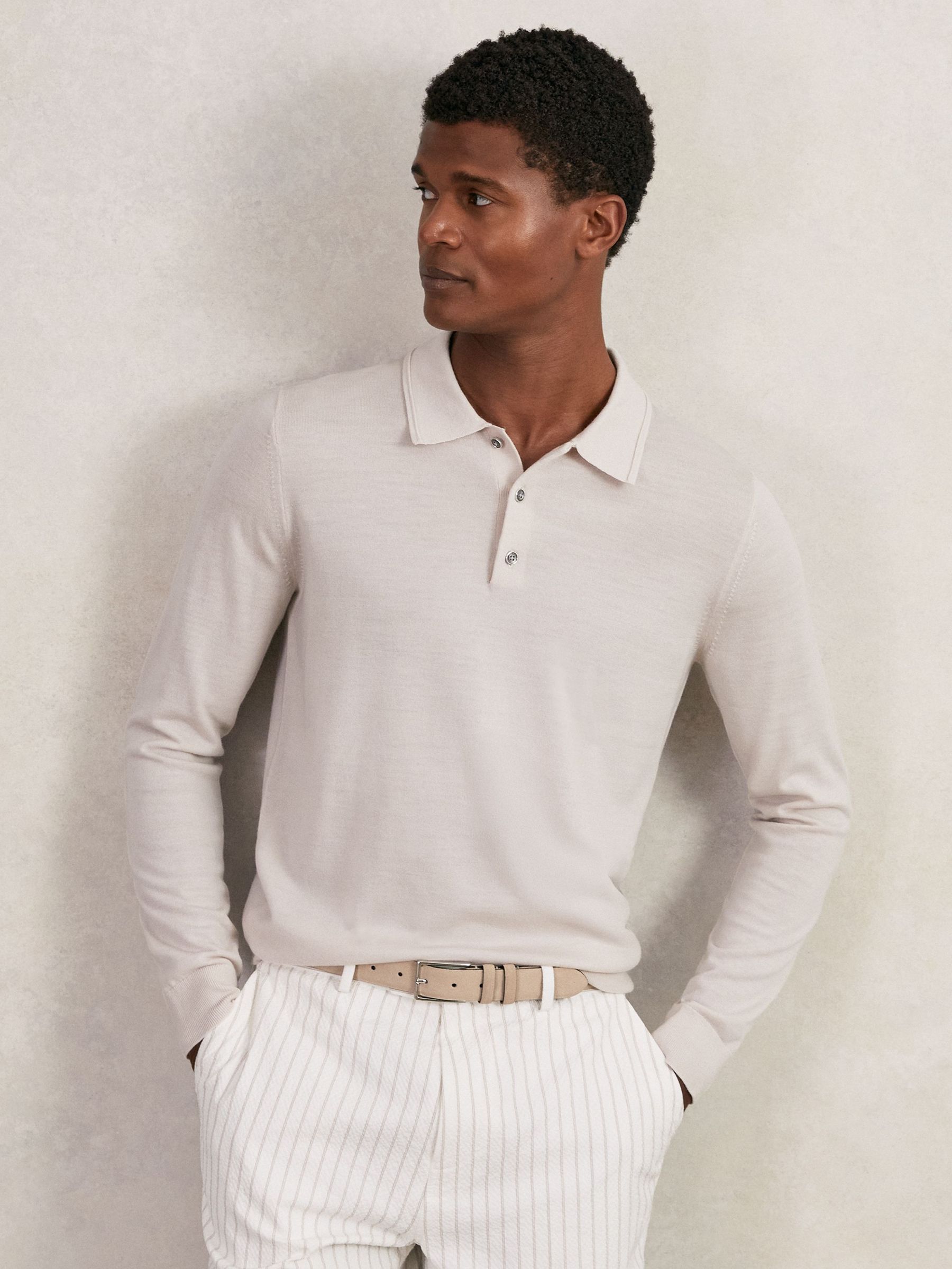 Merino Wool Long-Sleeve Polo Shirt in Beige (F97912) | £98