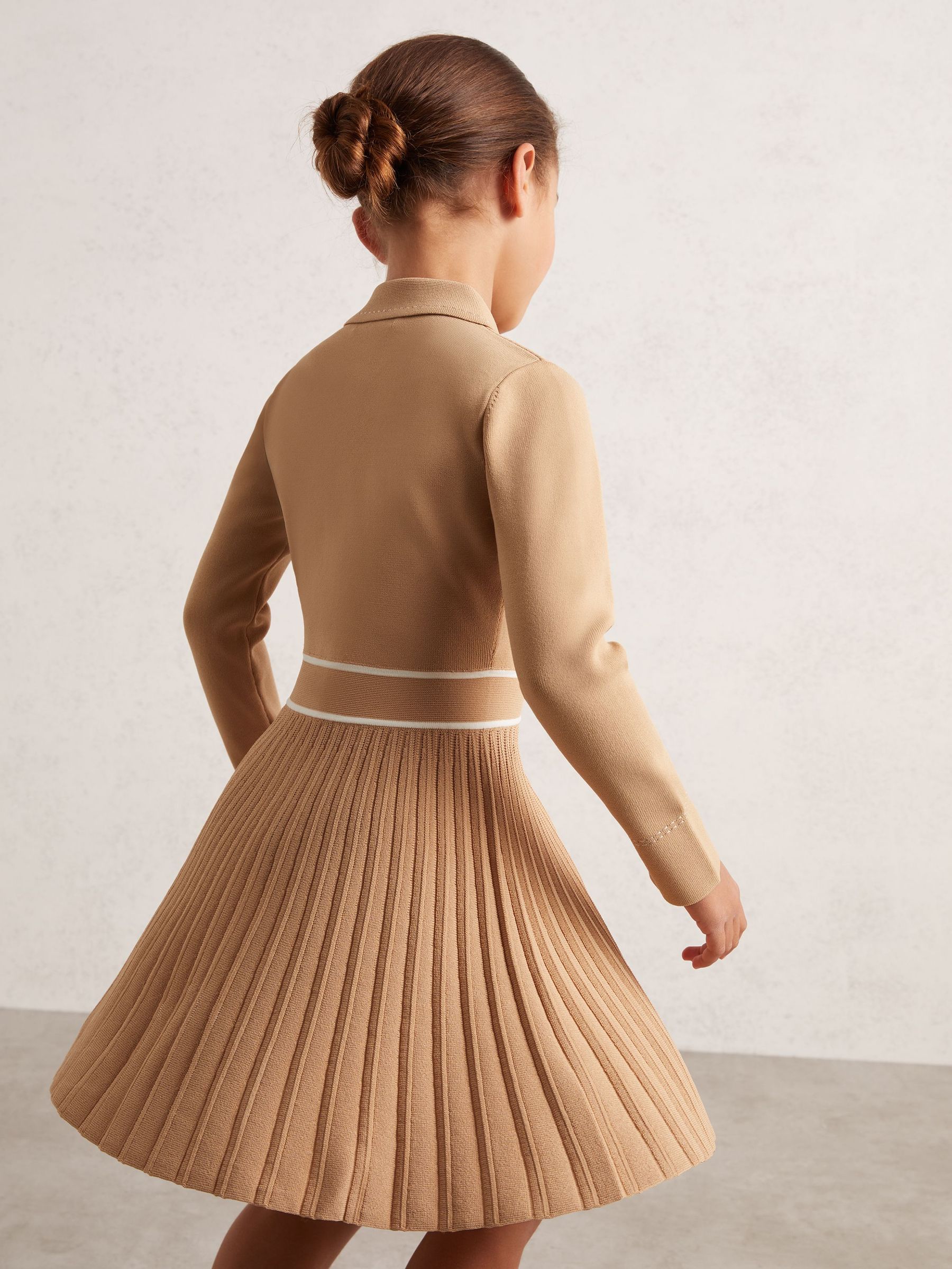 9-13 yrs Button-Detail Stripe Knitted Dress in Camel (F97929) | £76