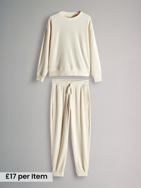 Cream - 2 Pack Soft Rib Crew Neck Sweatshirt and Cuffed Joggers Lounge Set (F98289) | £34