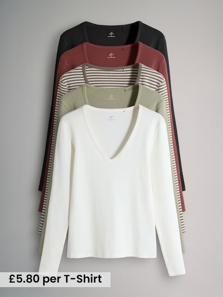 Black/ Light Khaki/ Cream/ Stripe/ Brown - 5 Pack V Neck Long Sleeve Ribbed T-Shirts (F98525) | £29