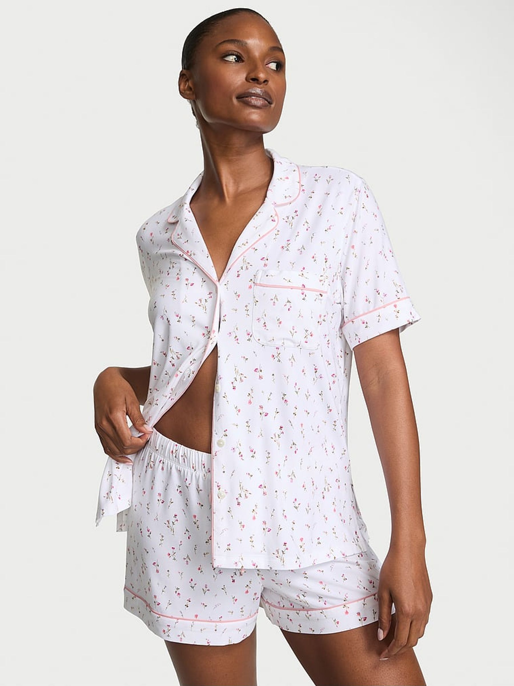 White & Pink Ditsy Floral Modal Short Pyjama Set (F99904) | £55