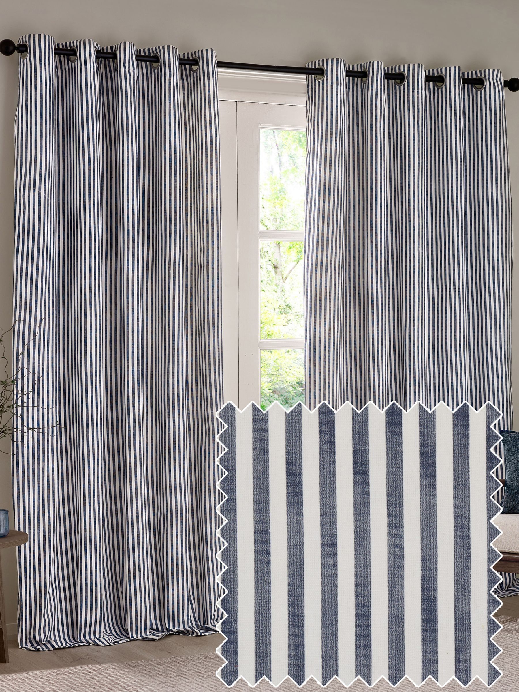 Yard Navy Hebden Striped Cotton Lined Eyelet Curtains Lined Pair (F99961) | £36 - £88