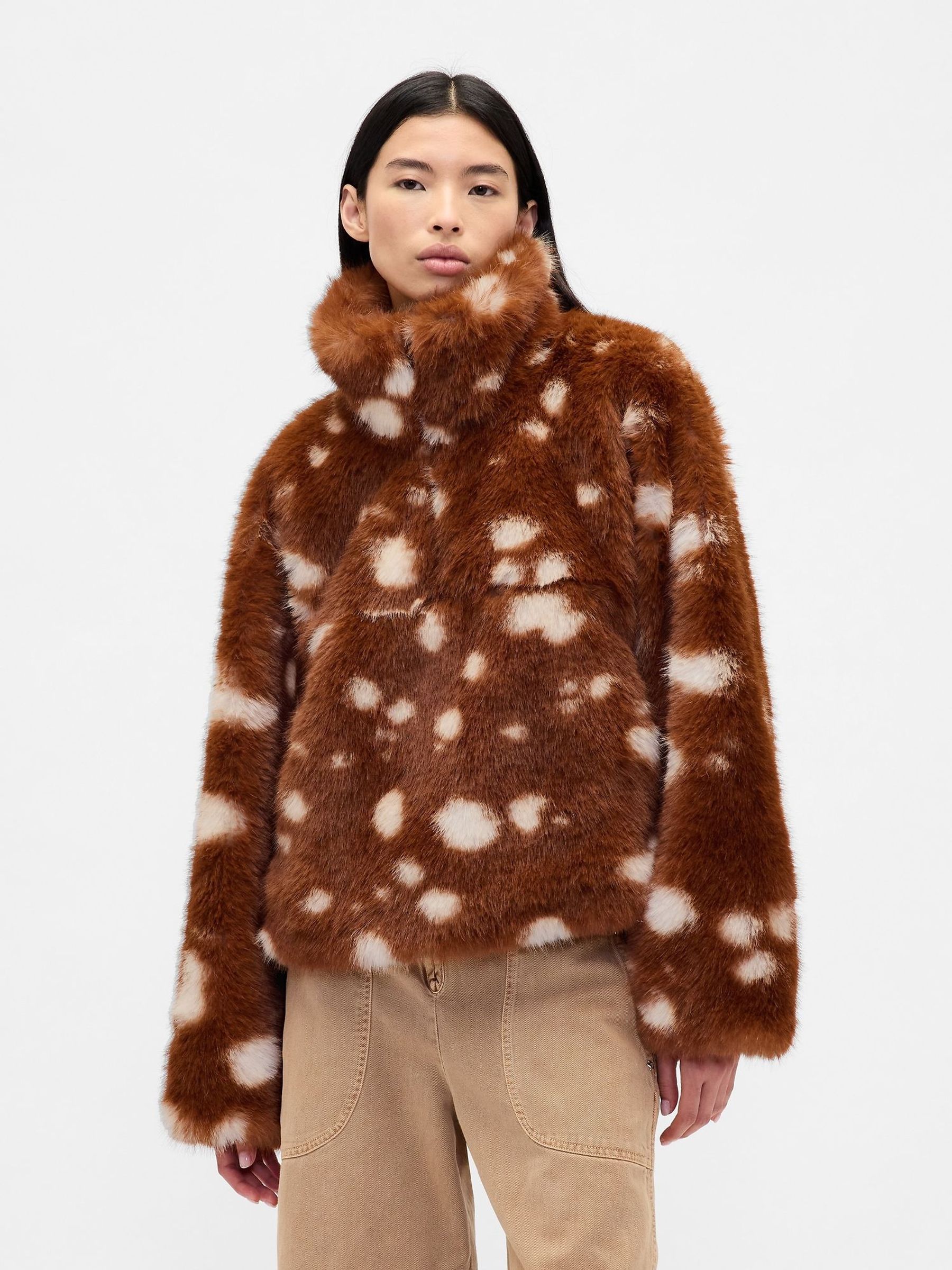 Brown Sandy Liang Spotted Vegan Fur Half-Zip Pullover Jacket (G05341) | £145