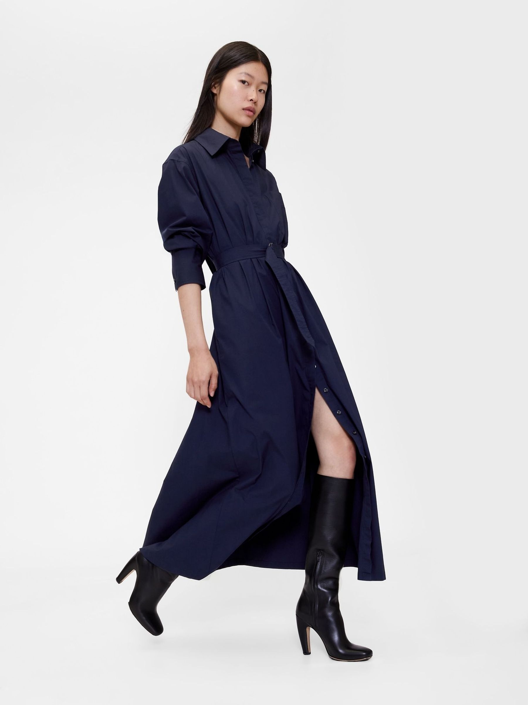 Navy Blue Poplin Belted Oversized Maxi Shirt Dress (G05345) | £150