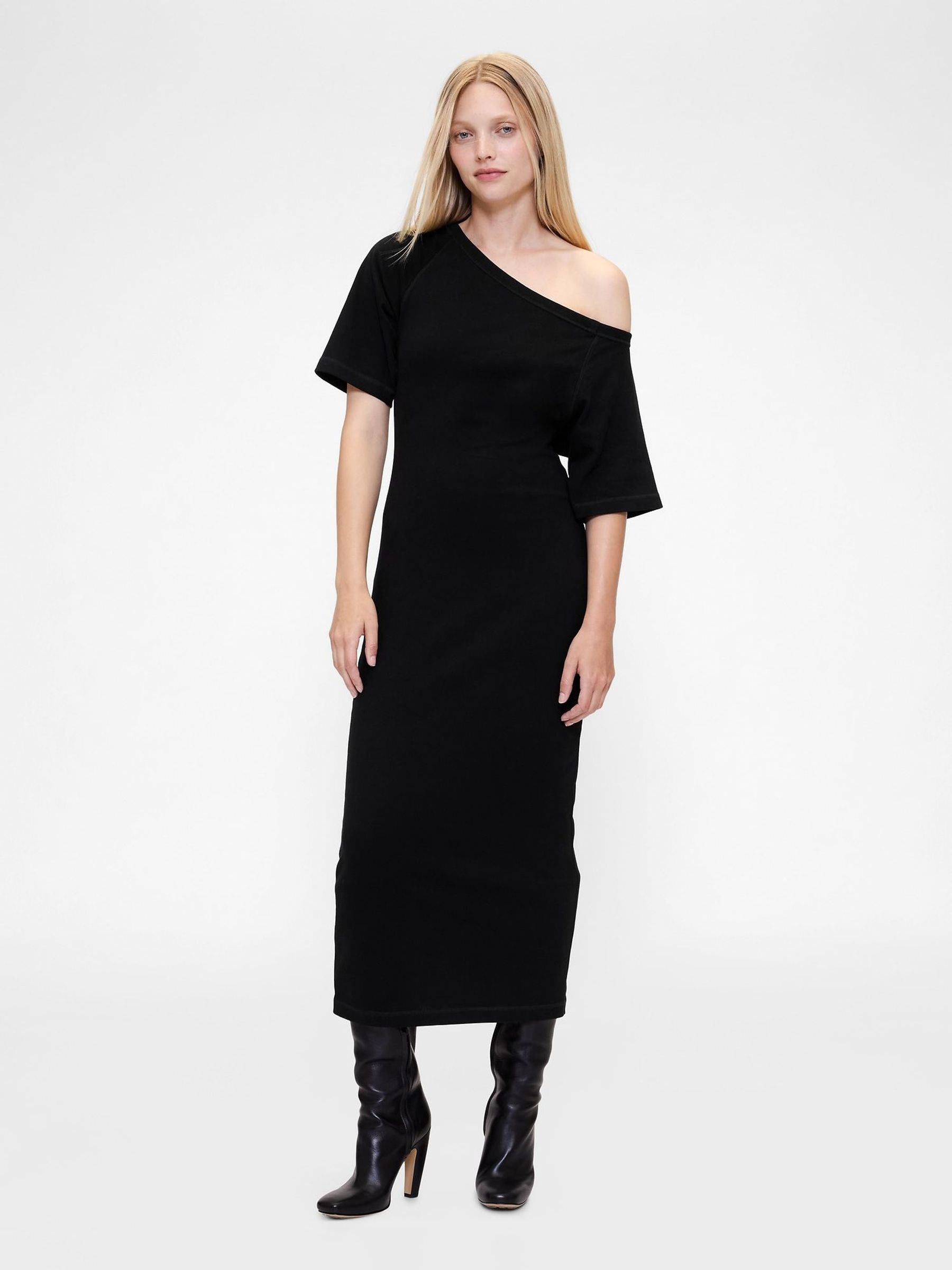 Black Jersey Off-Shoulder Midi Dress (G05355) | £100
